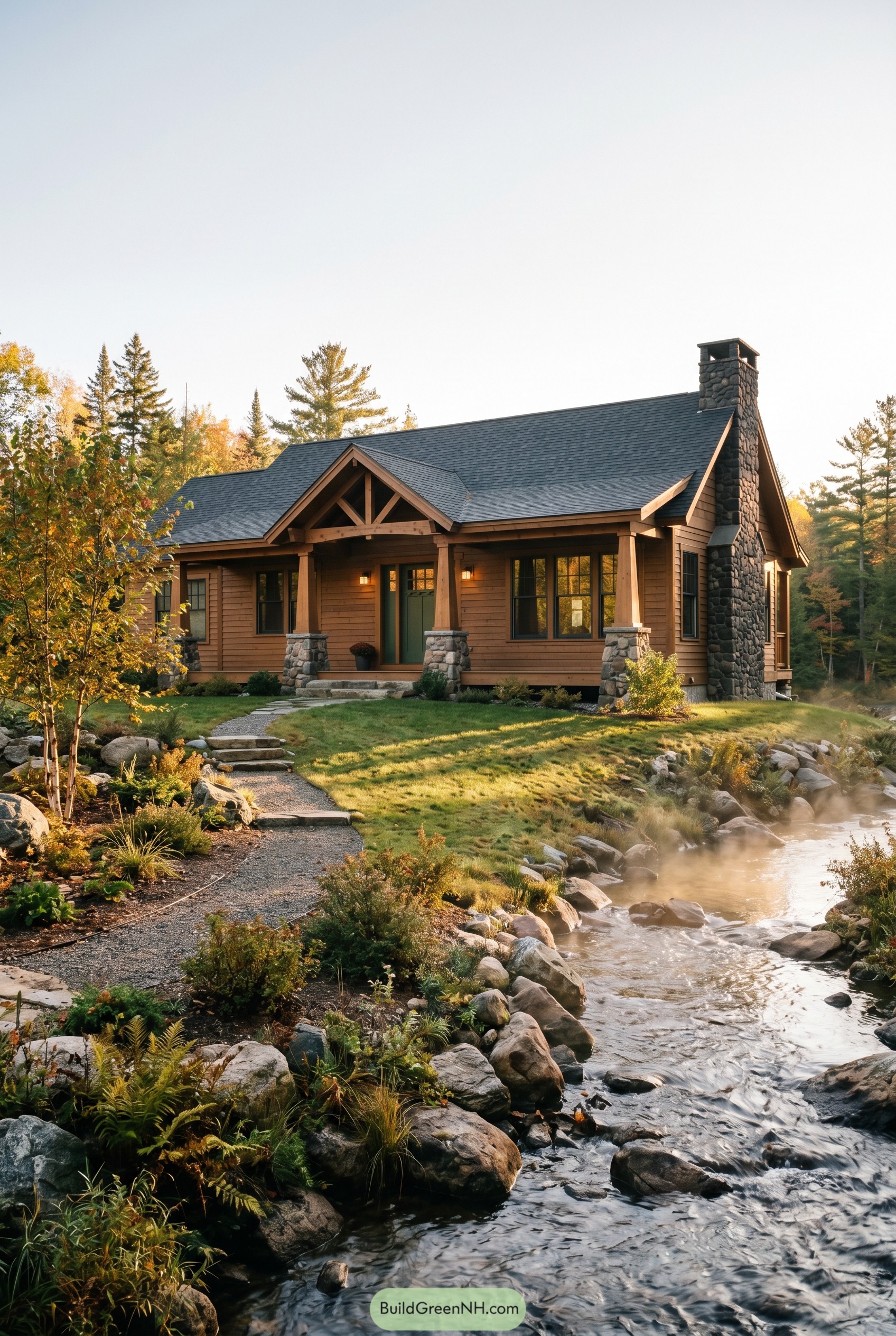 Craftsman ranch beside a rocky stream