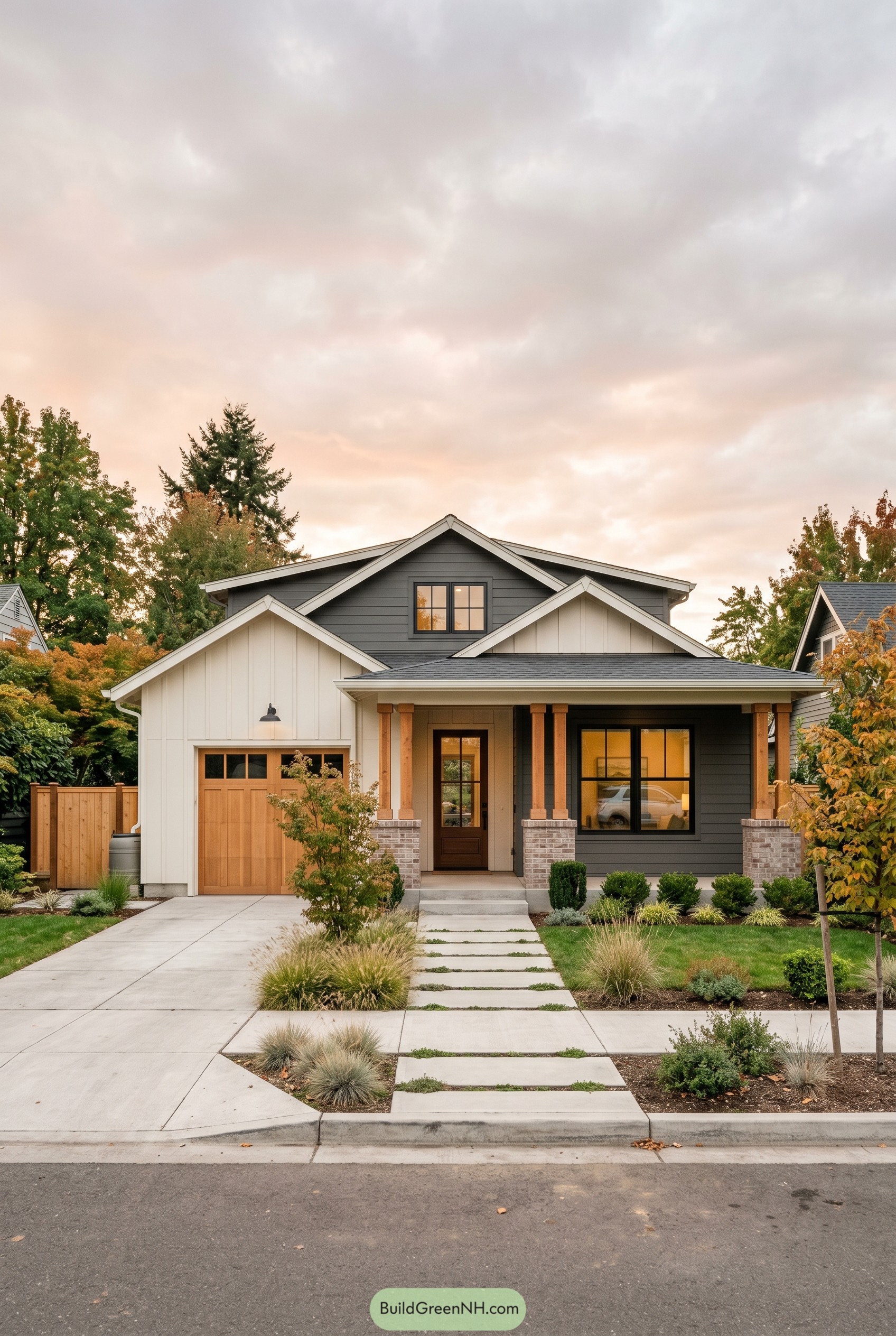 Modern craftsman ranch with charcoal siding and covered porch