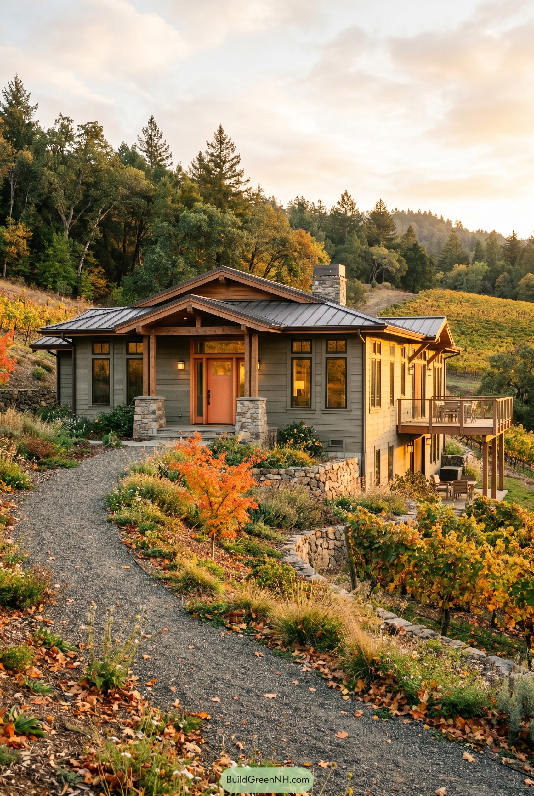 Modern craftsman ranch above vineyard terraces