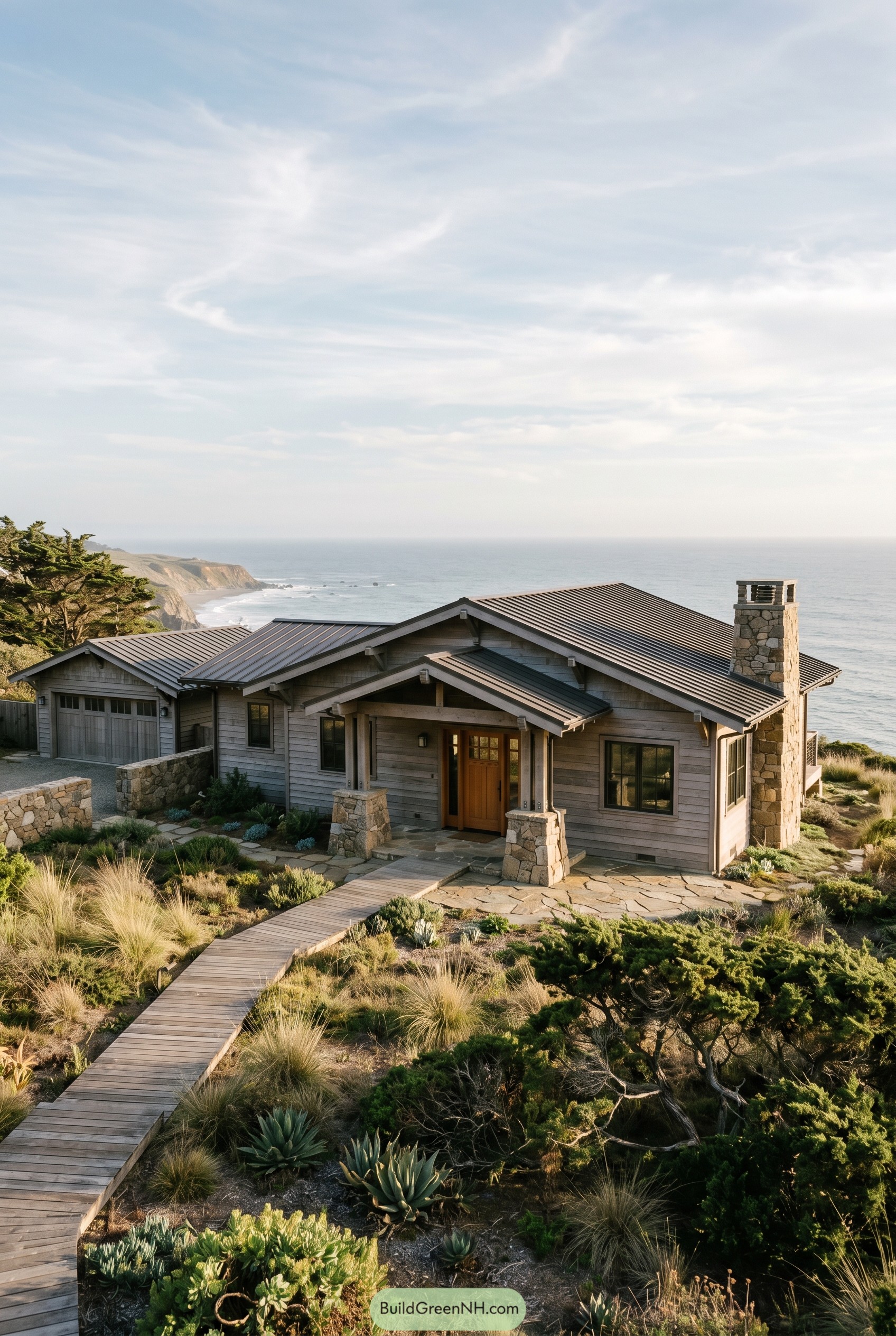 Coastal craftsman ranch with stone chimney