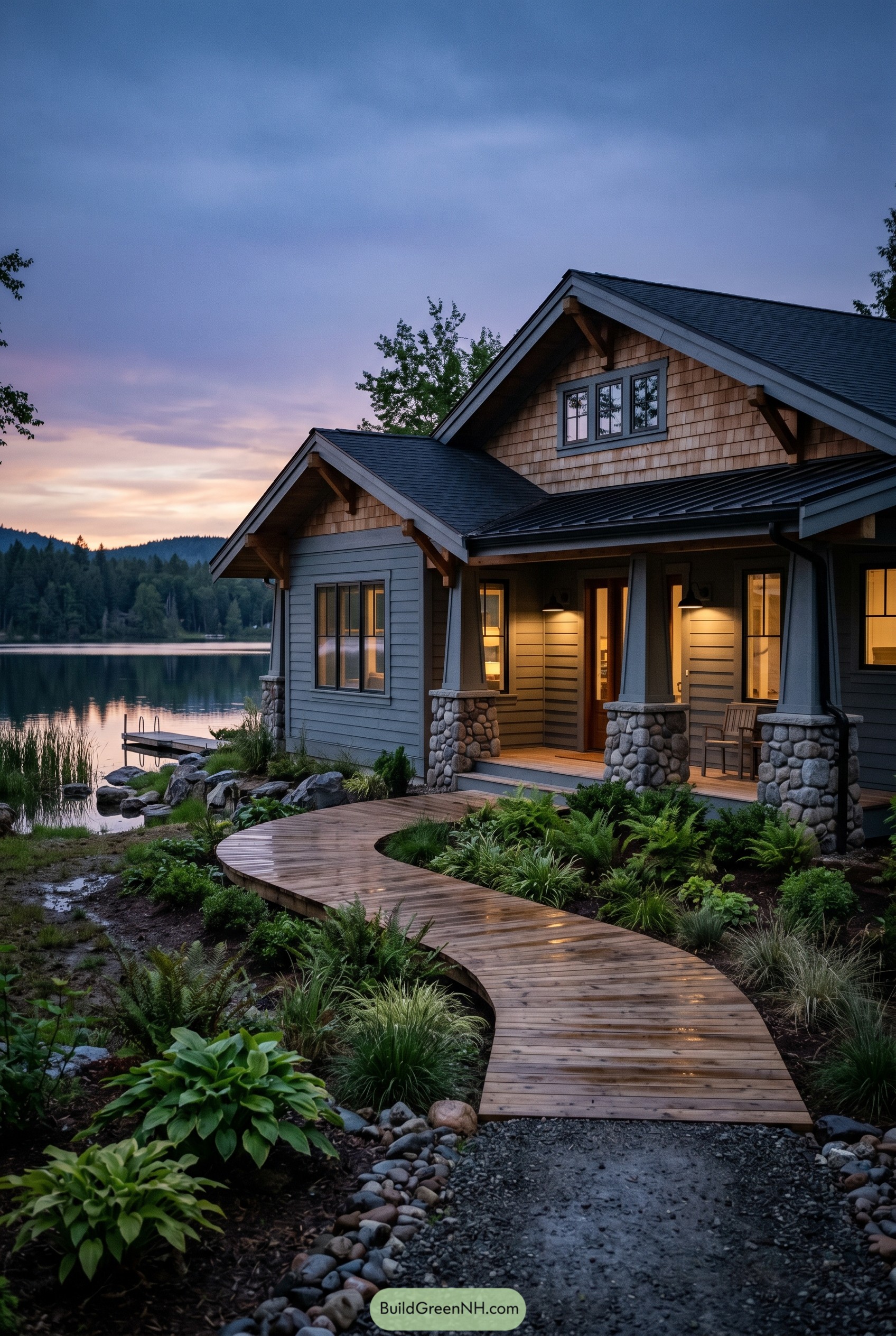 Lakeside craftsman ranch with stone porch and curved boardwalk