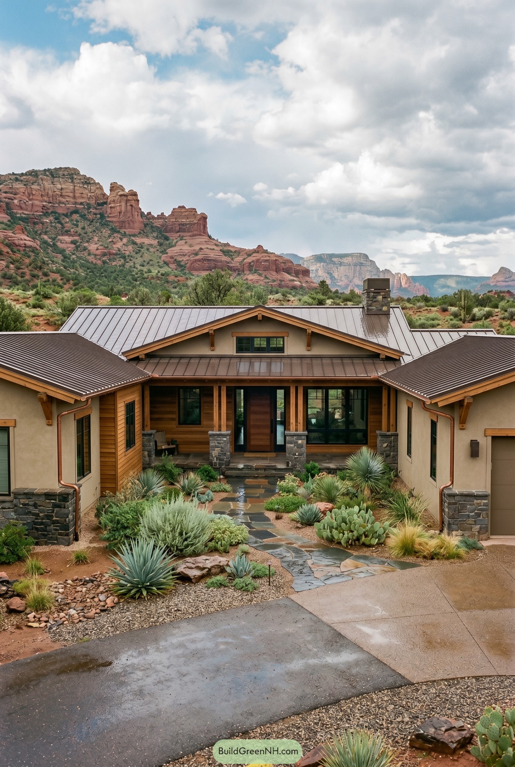 Desert craftsman ranch with stone courtyard