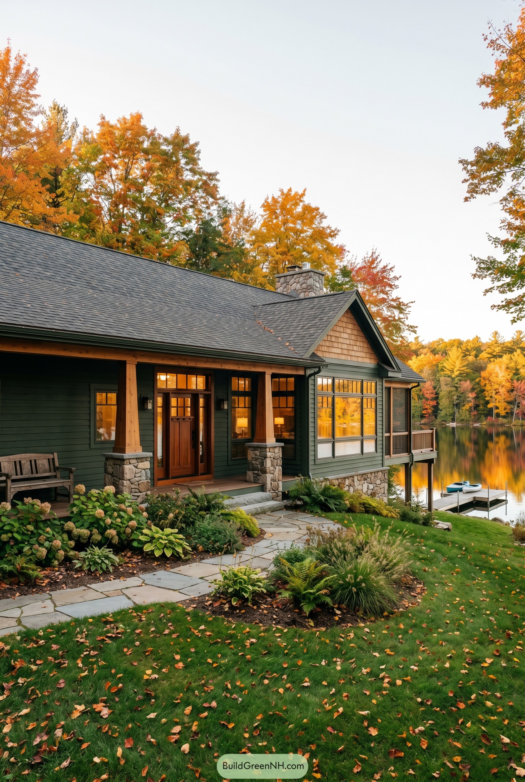 Dark green craftsman ranch by a lake with stone porch