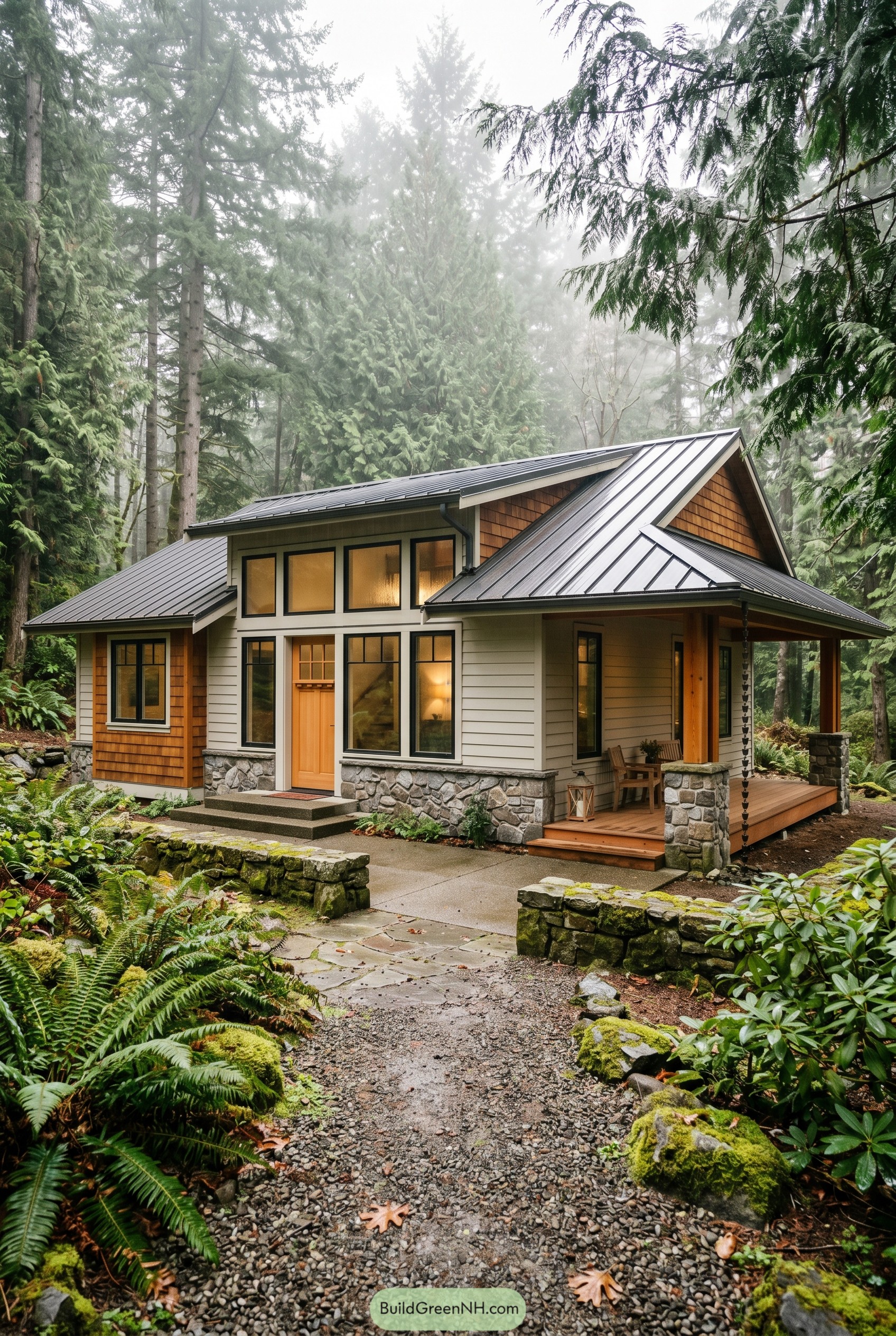 Modern craftsman house with metal roof in misty woods