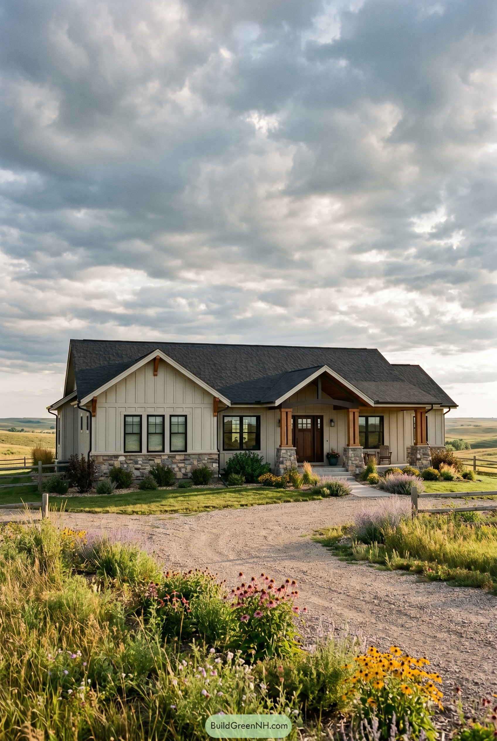 Modern craftsman ranch with stone porch and prairie planting