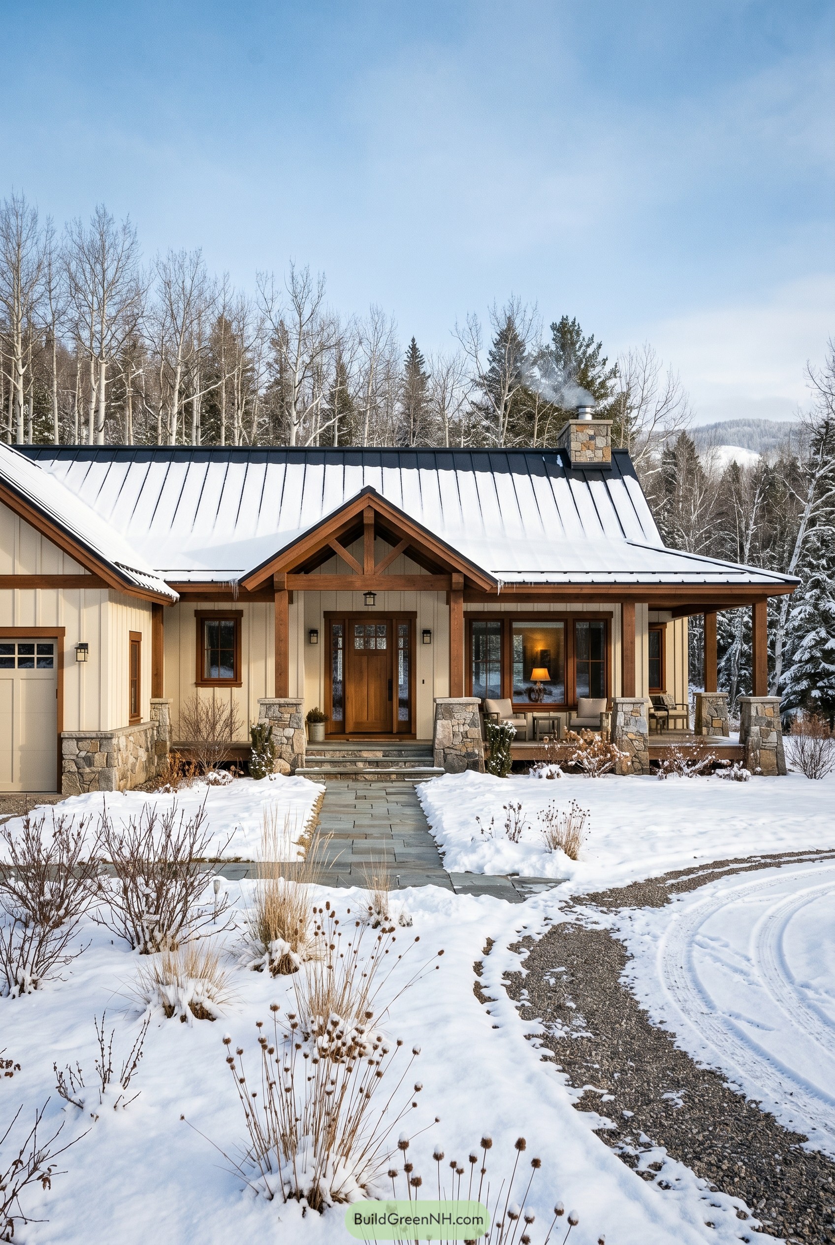 Snowy craftsman ranch with stone porch