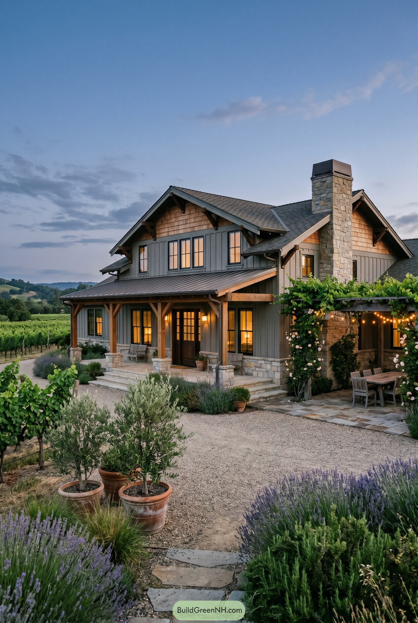 Gray craftsman home with stone chimney and vine covered pergola