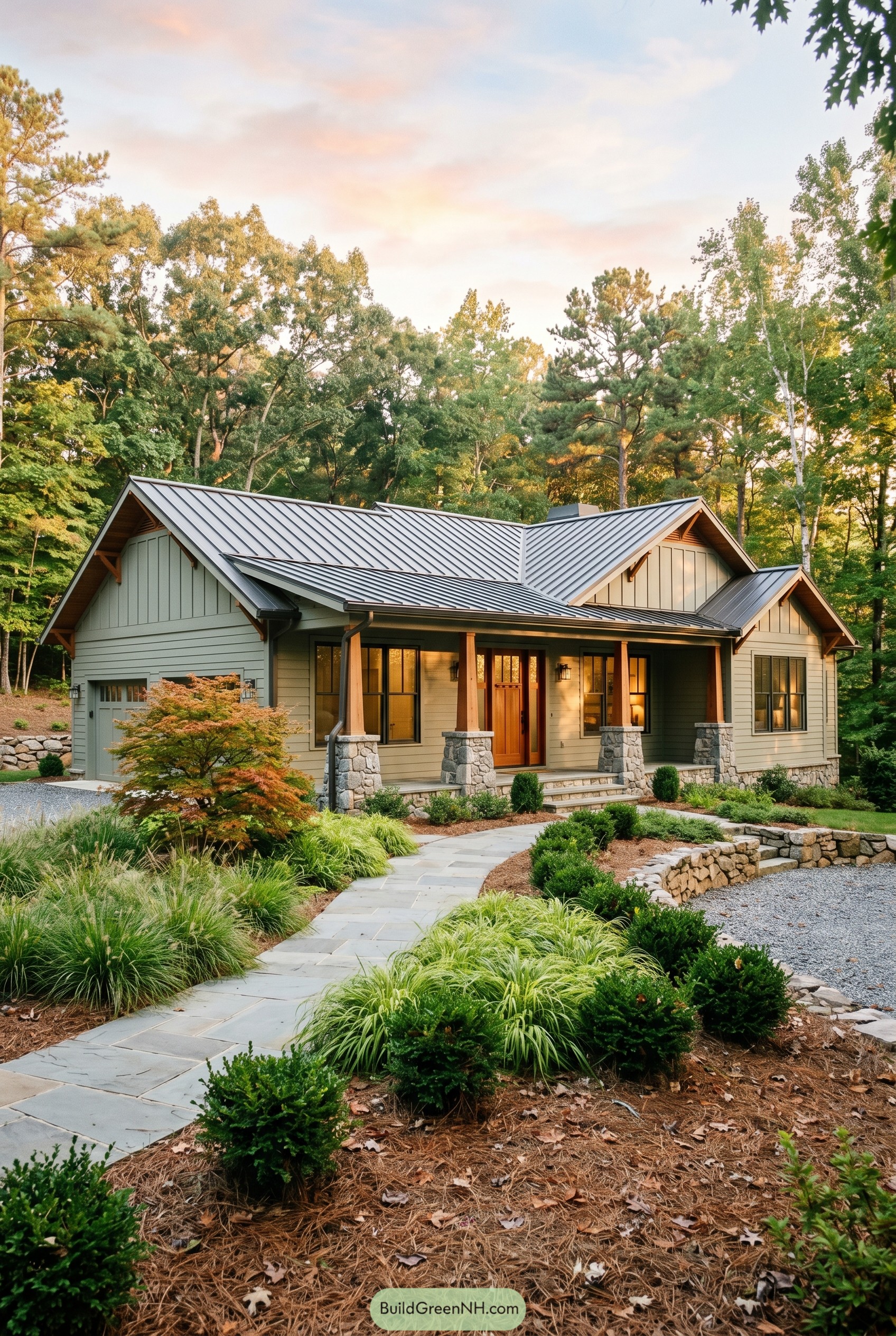 Modern craftsman ranch with metal roof and stone porch