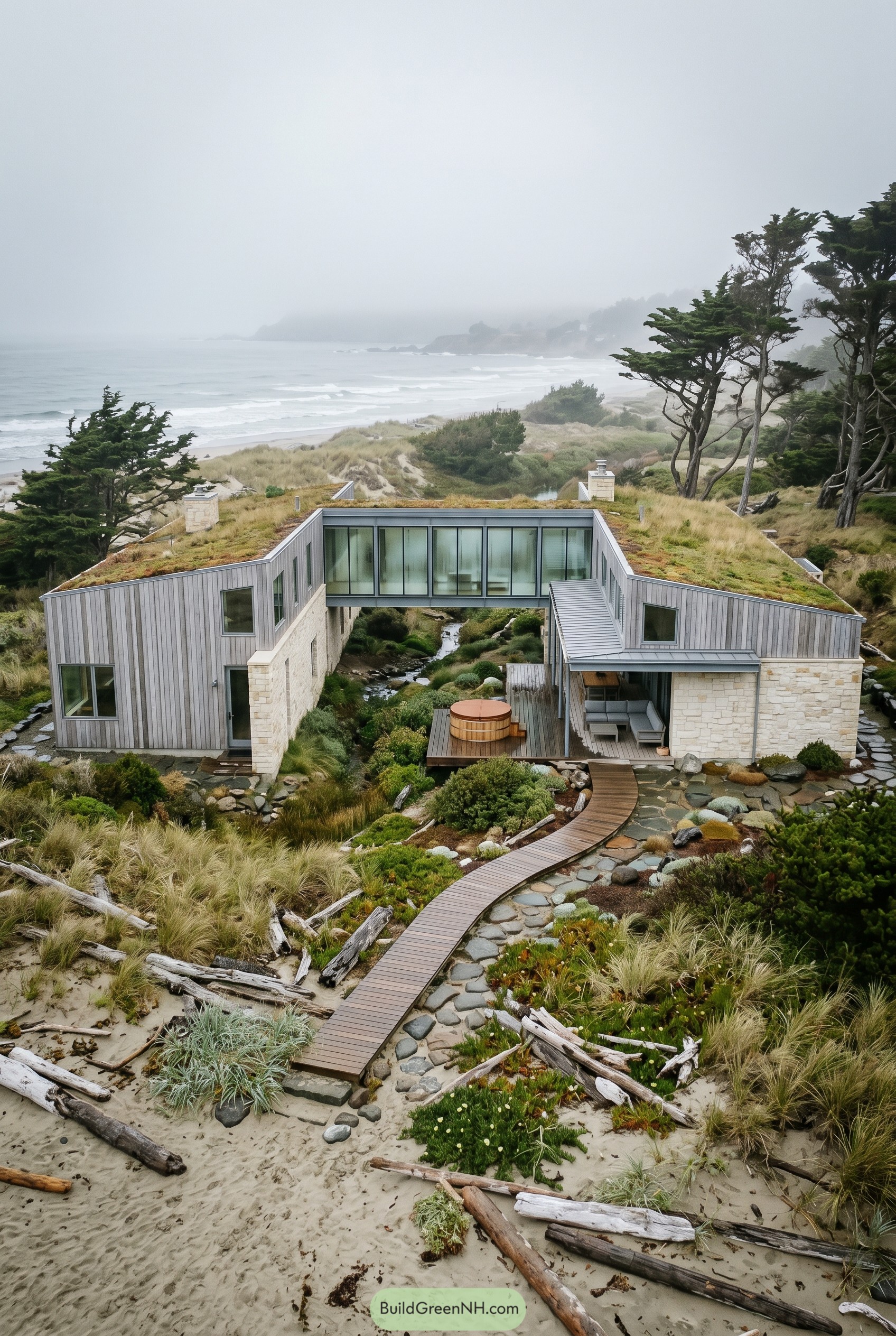 Dune house with green roof over creek