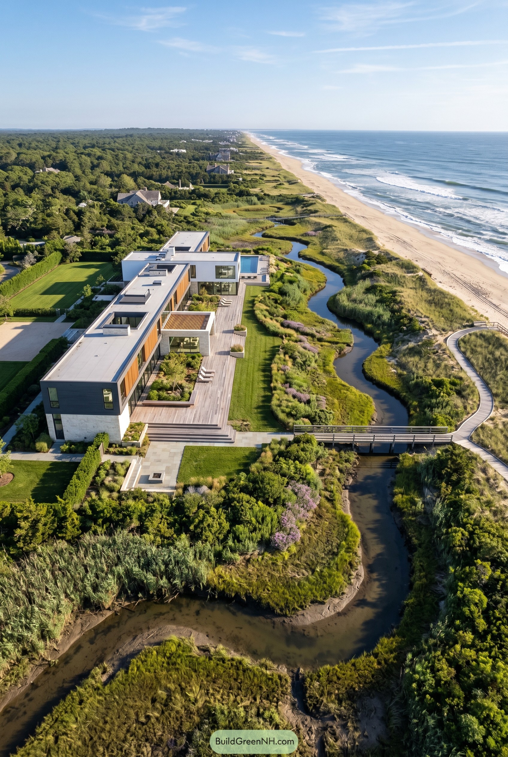 Long modern beach house beside a winding marsh creek