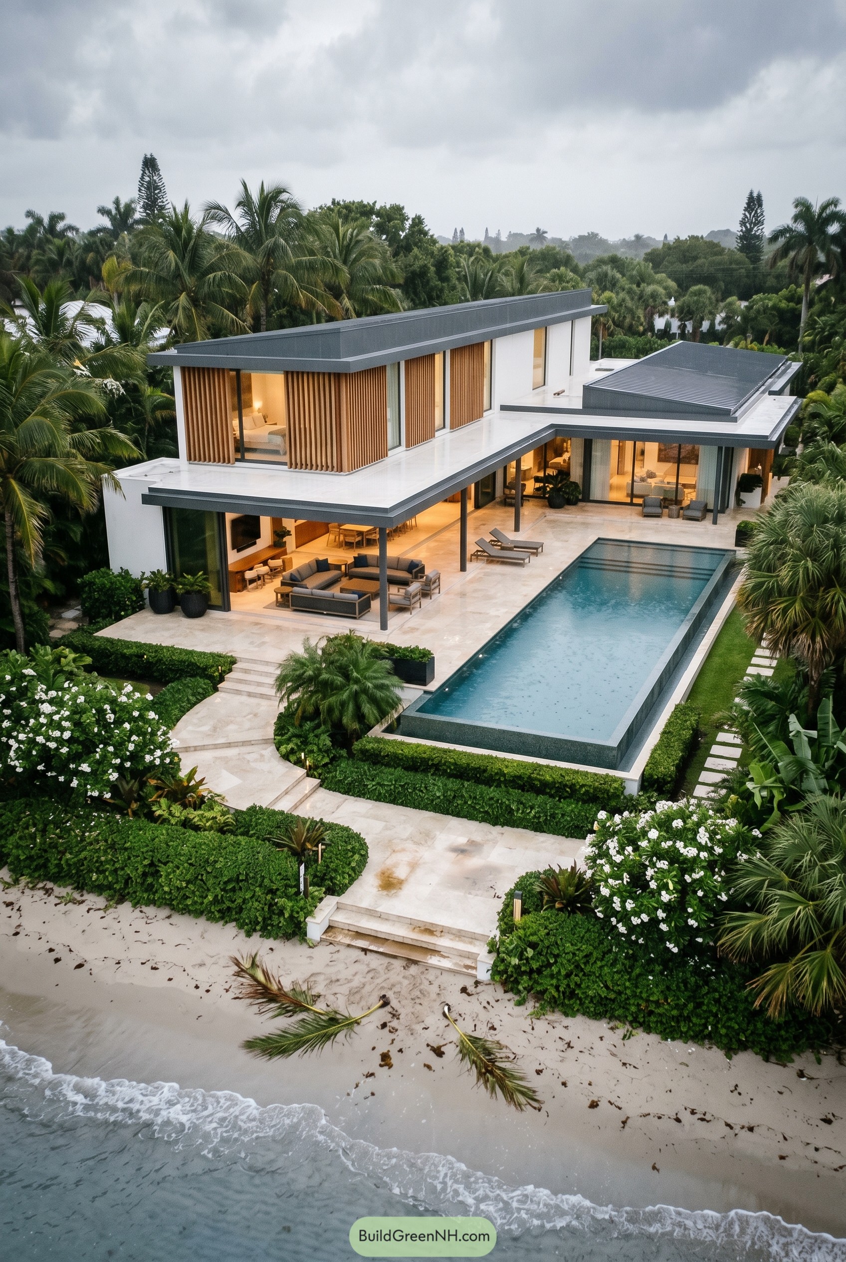 Modern beachfront villa with long lap pool