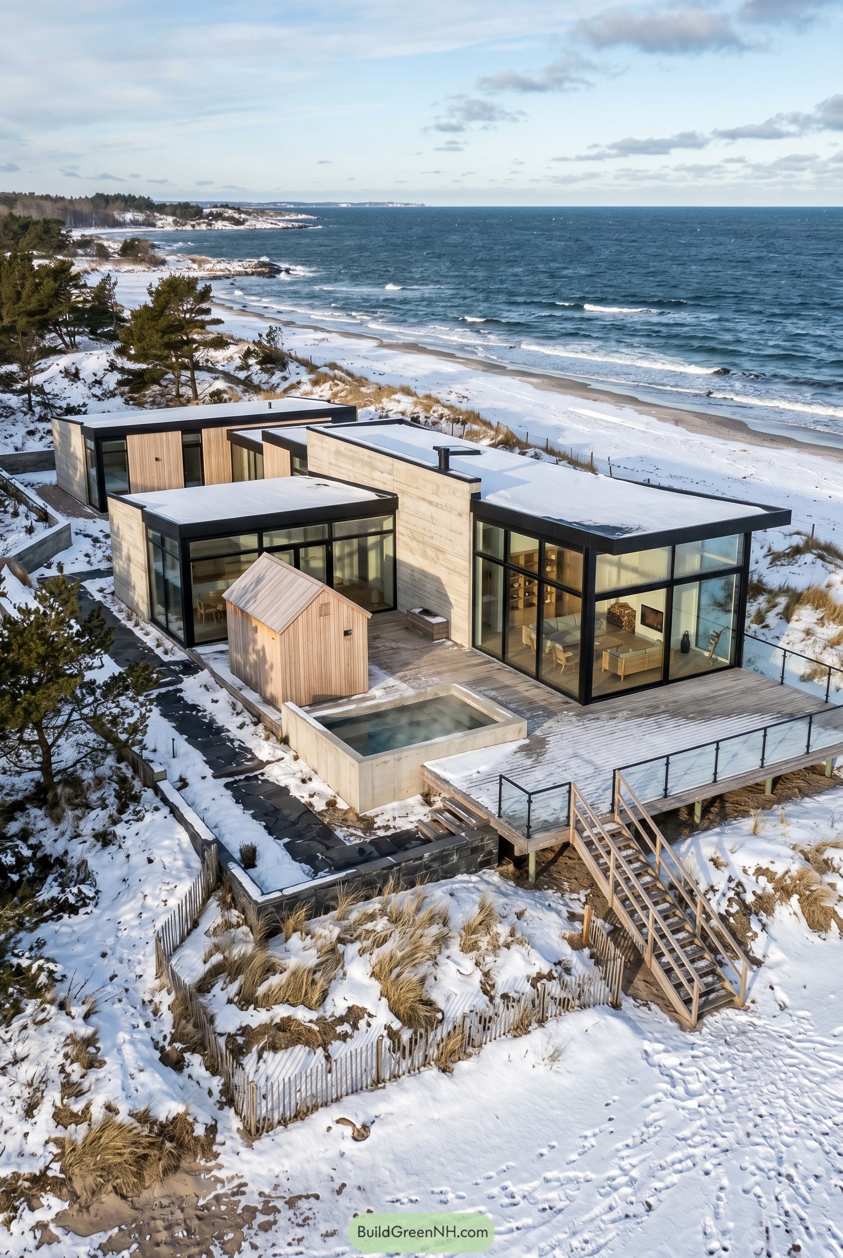 Modern glass beach house on snowy dunes