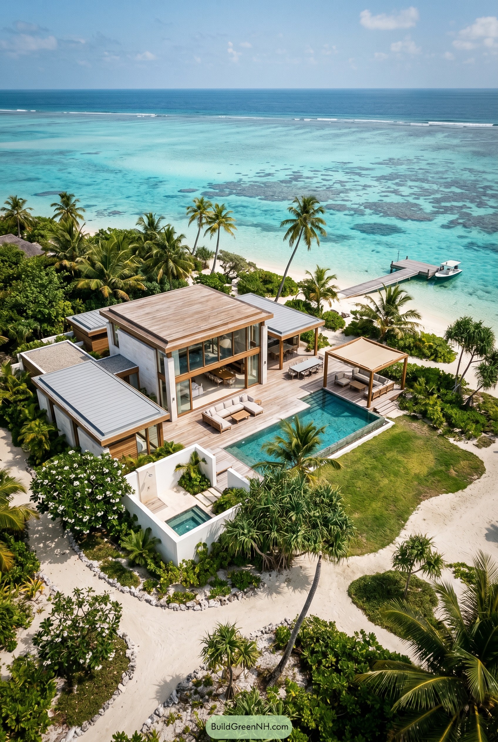 Modern tropical beach villa with pool and dock