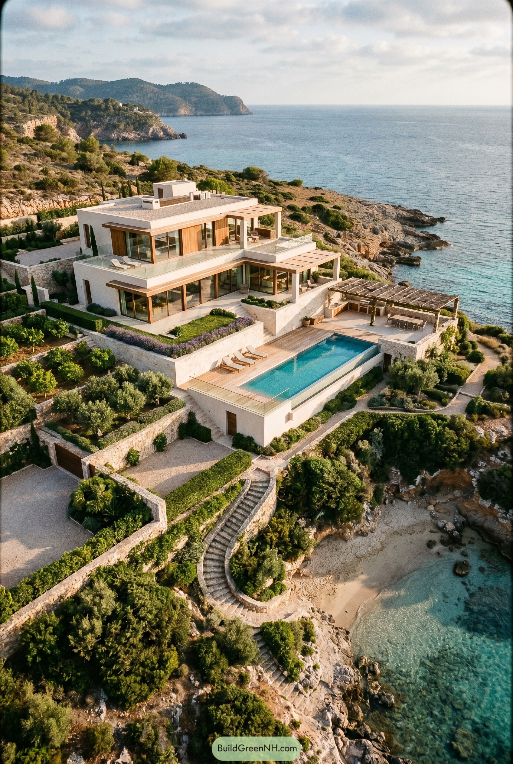 Terraced cliffside beach house with pool and sea stair