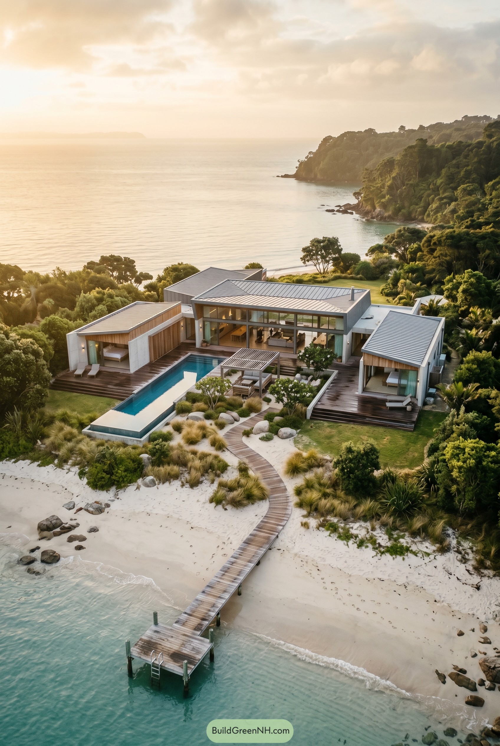 Modern beachfront villa with pool and pier