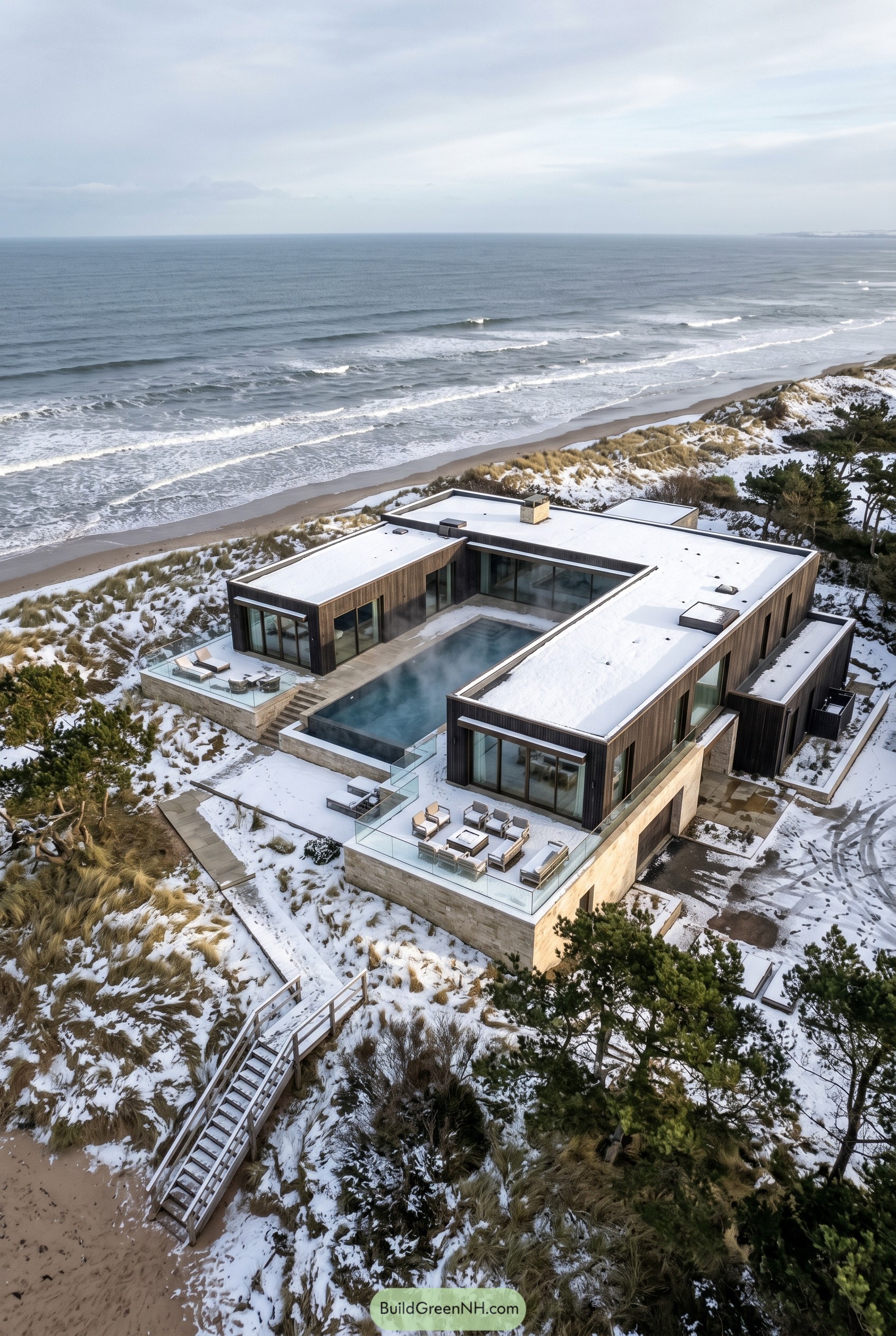 Oceanfront U-shaped beach house in snowy dunes