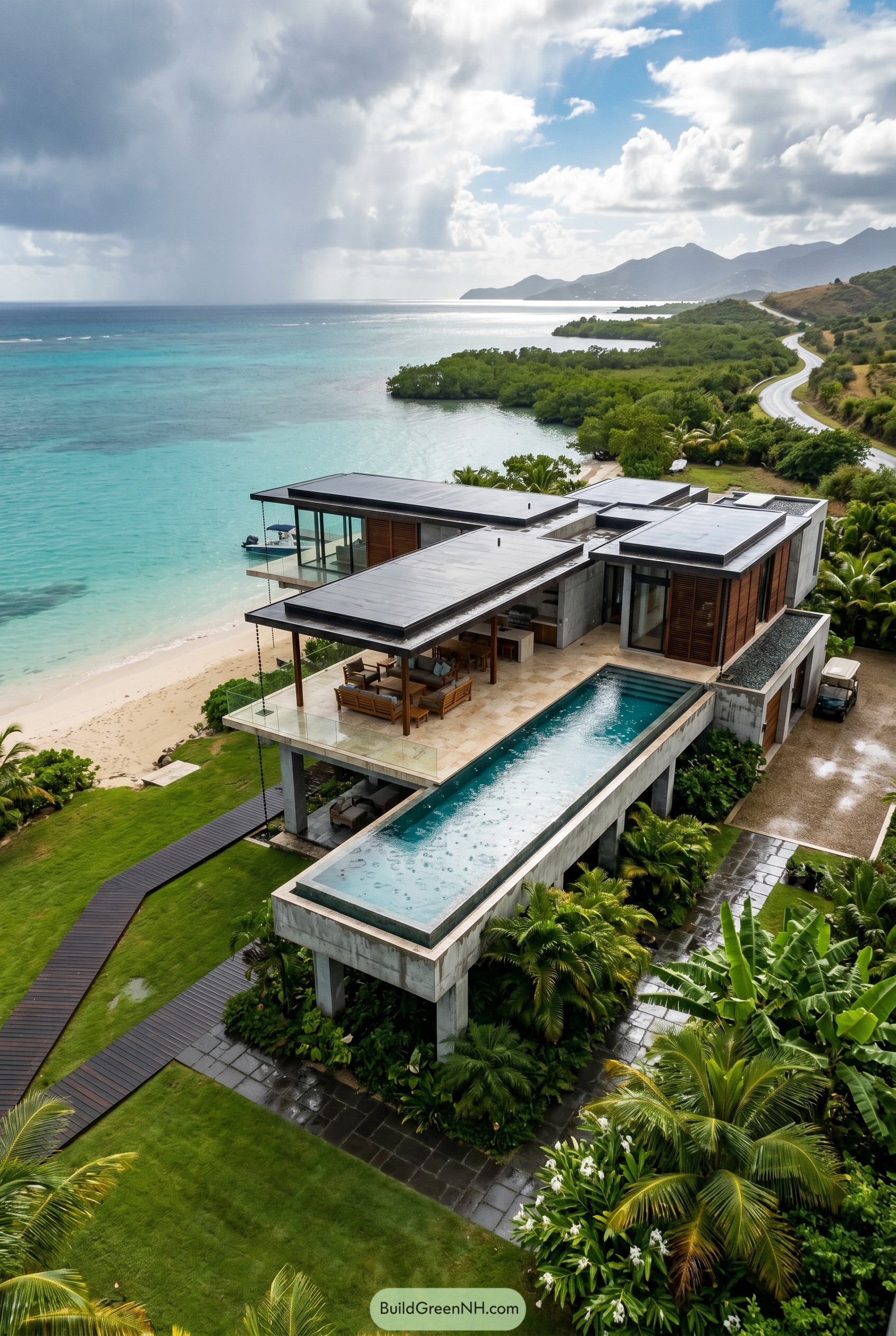 Modern beachfront villa with terraces and lap pool
