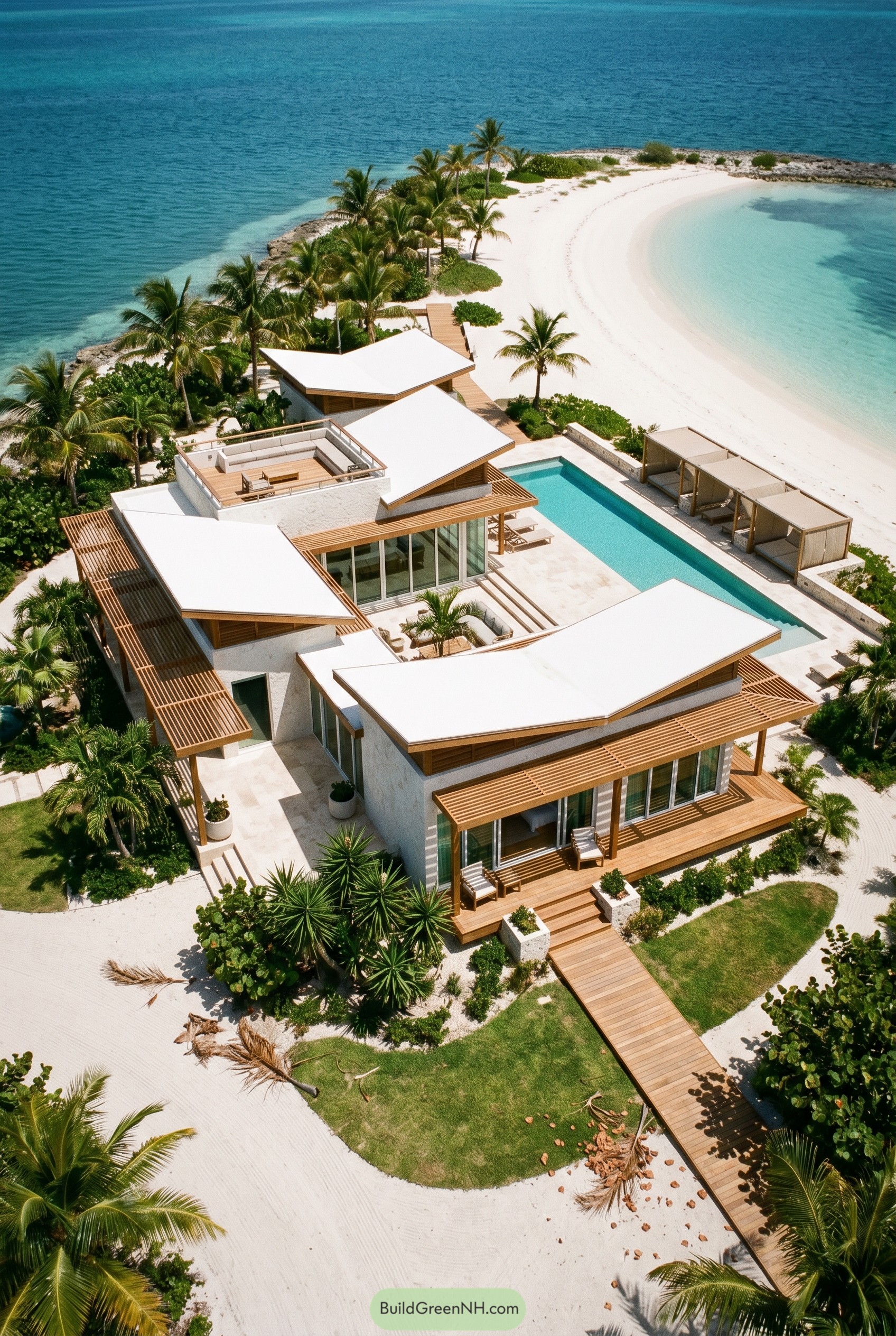 Modern beachfront villa with angular roofs and pool