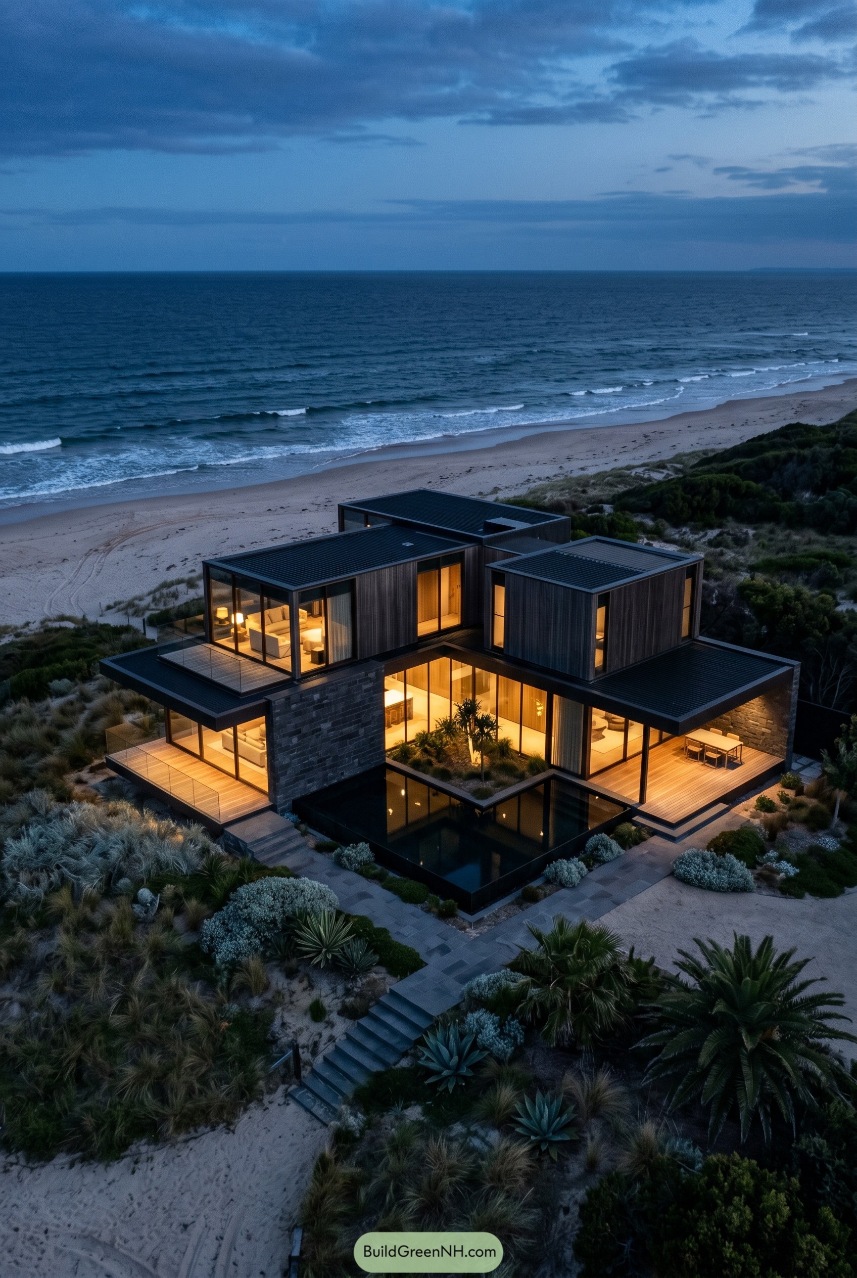 Modern cubic beach house with pool at dusk
