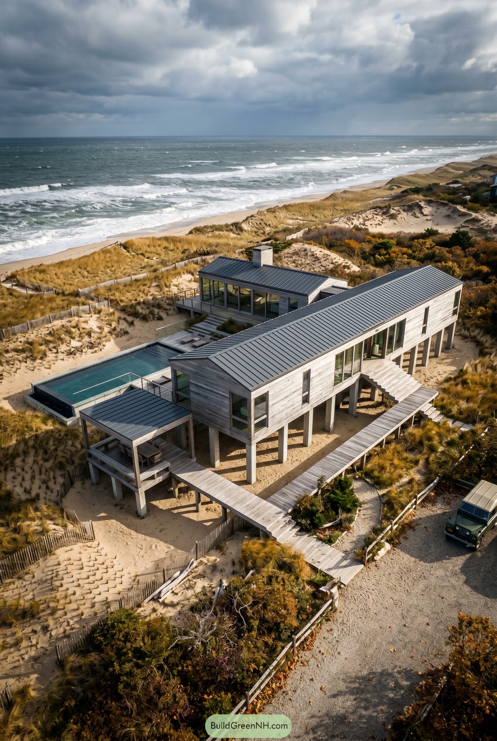 Elevated cedar beach house with pool in dunes