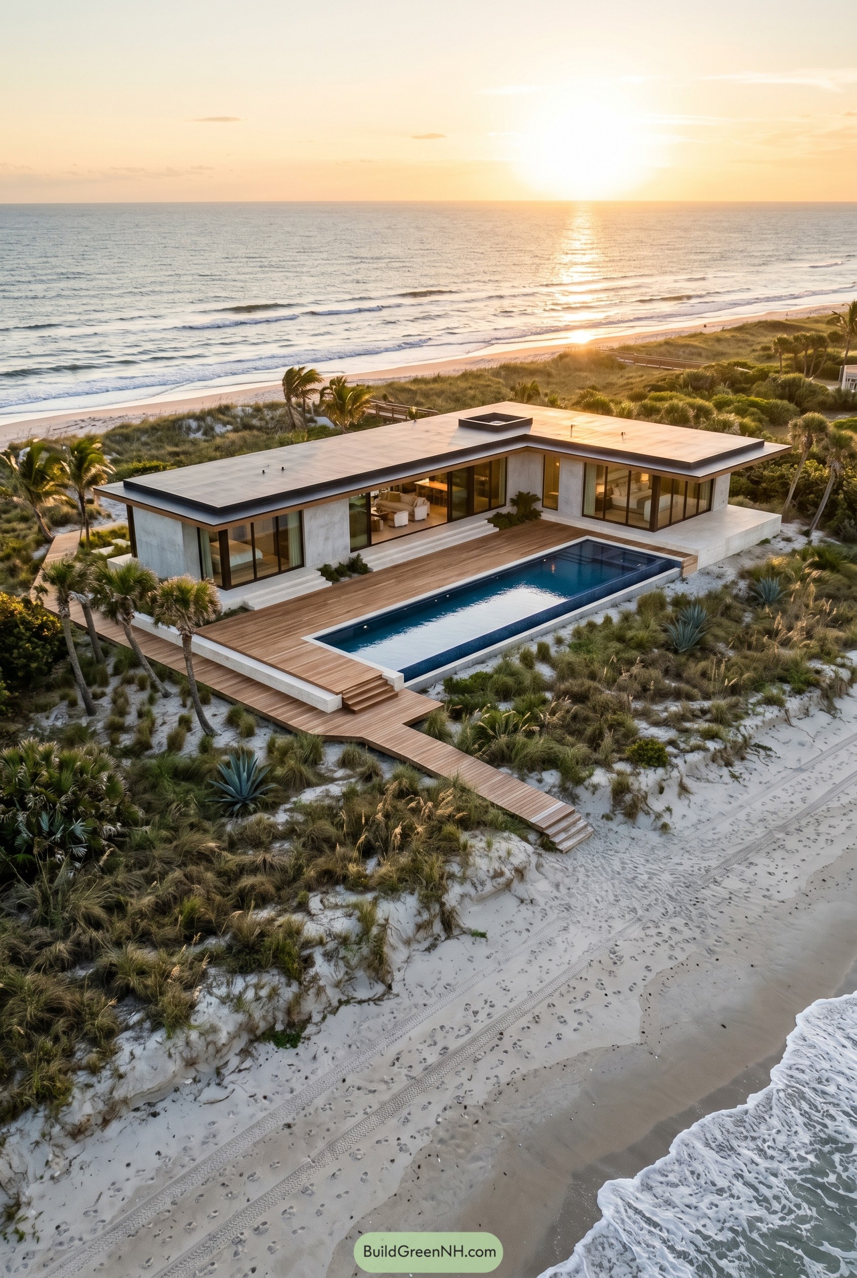Modern beachfront house with pool and wood deck
