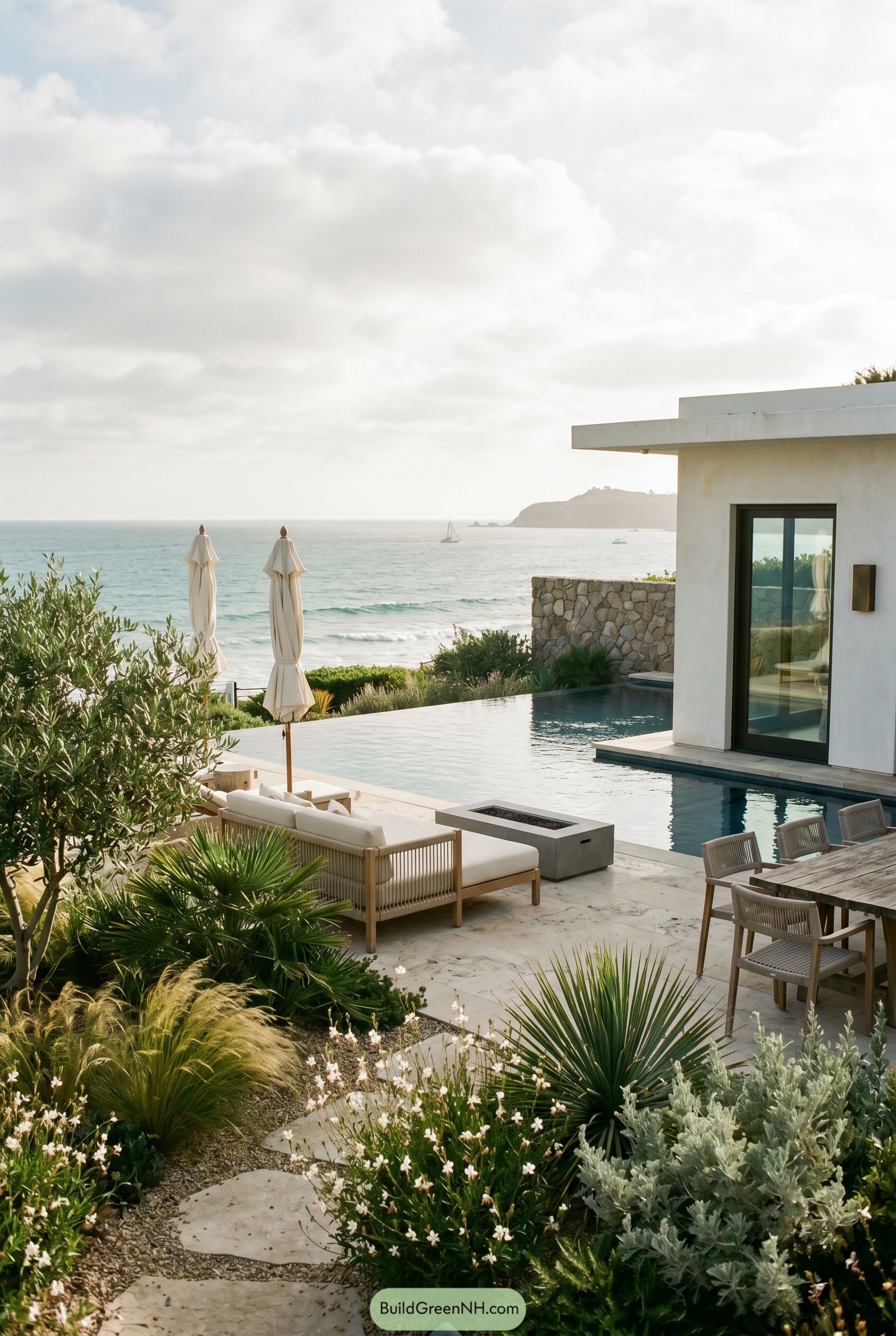 Modern coastal pool terrace with seaside planting