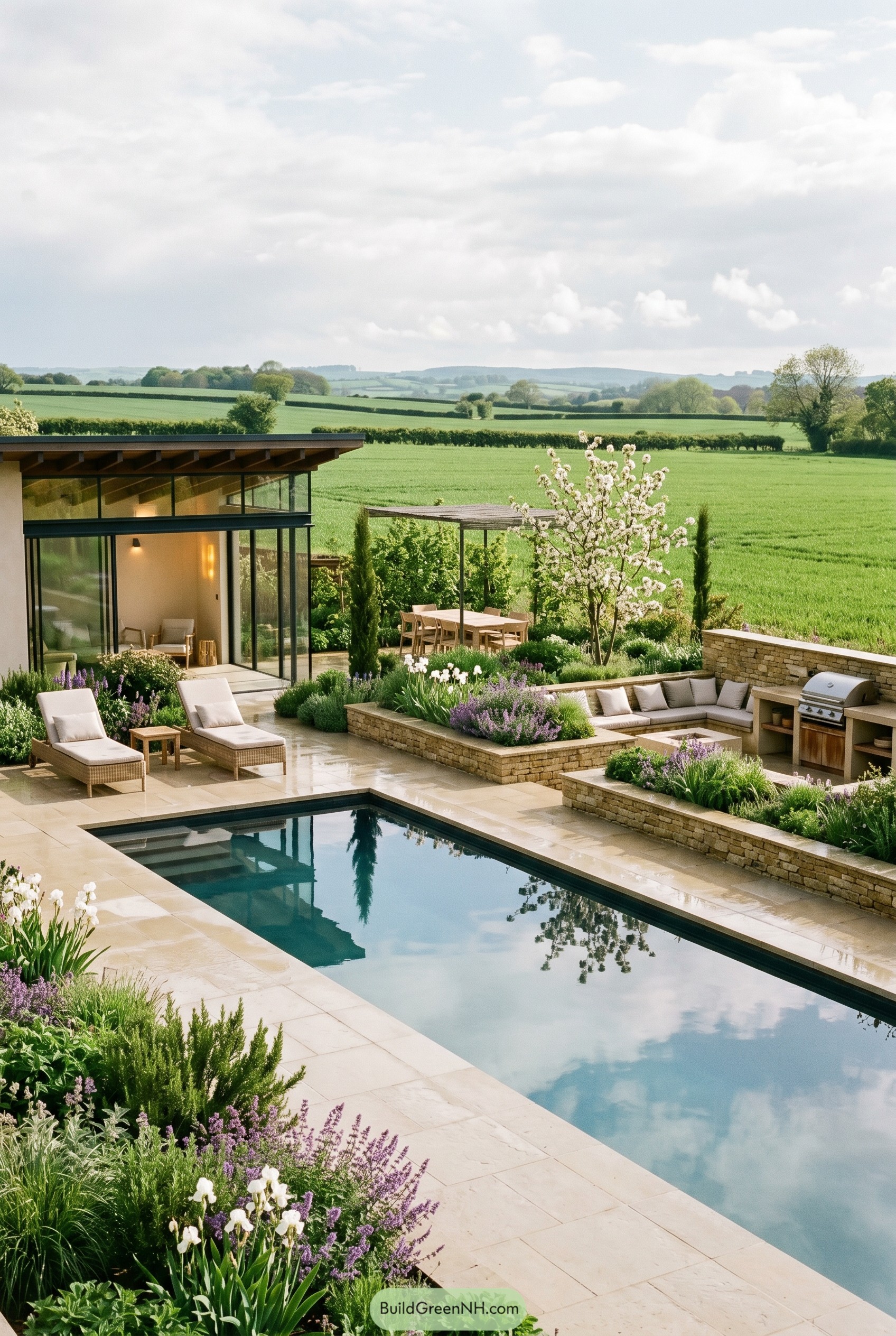 Modern lap pool with stone terraces and meadow views