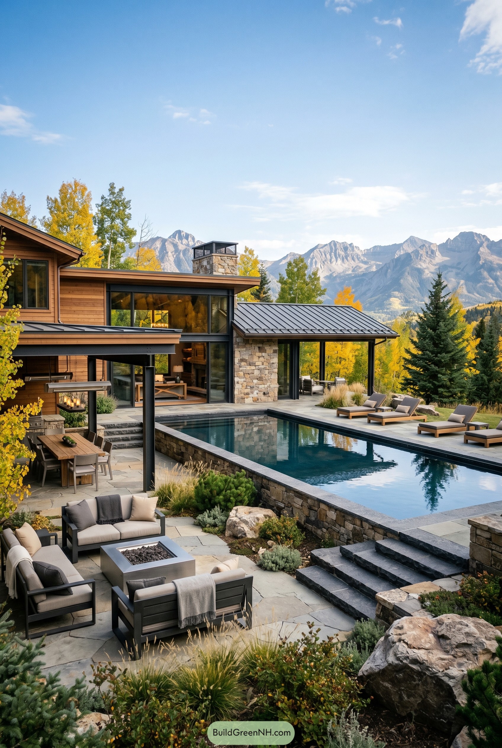Raised pool beside a modern mountain home