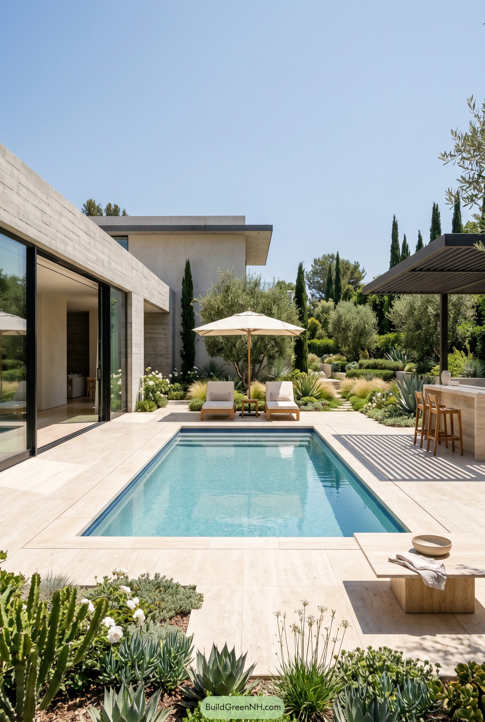 Modern courtyard plunge pool with olive trees