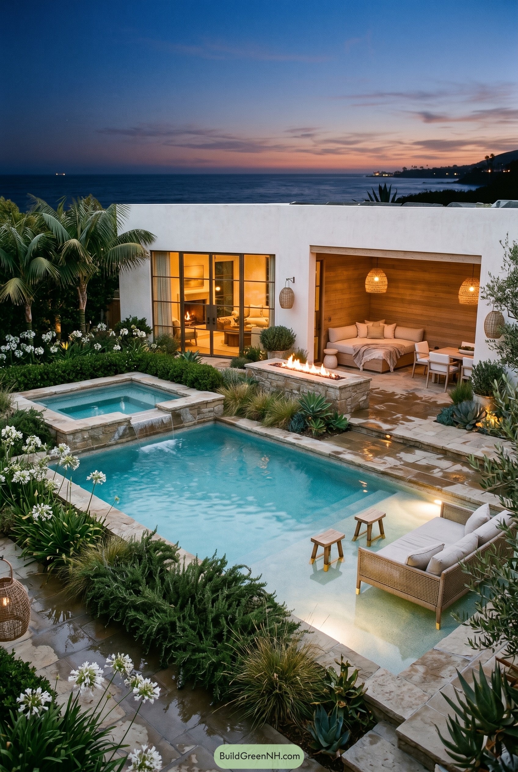 Oceanfront courtyard pool with spa and cabana at dusk