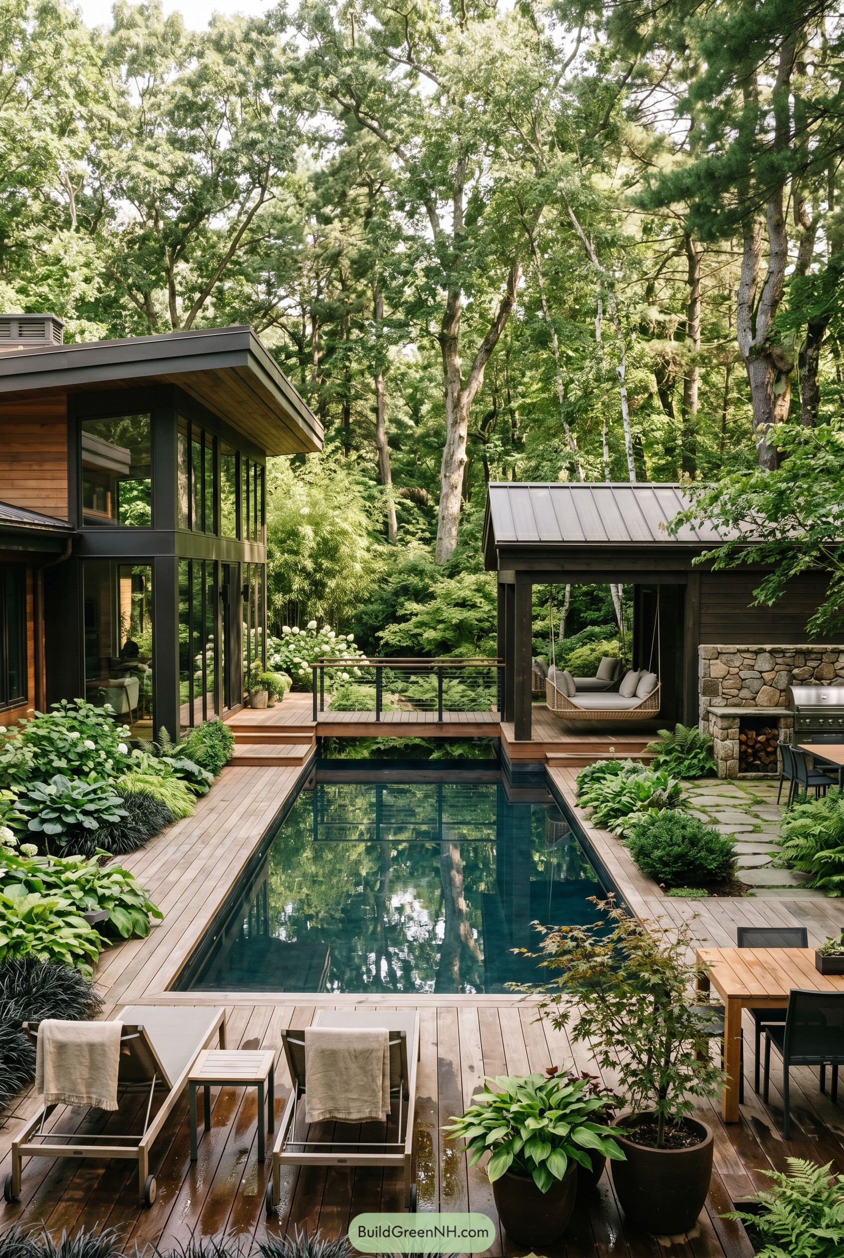 Modern forest pool deck with covered lounge