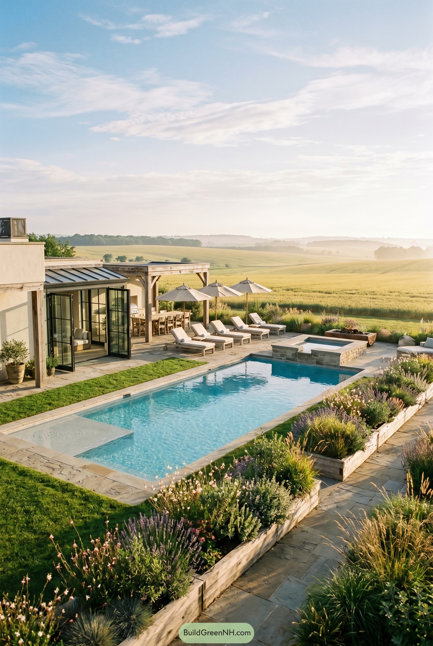 Modern pool and spa overlooking open fields