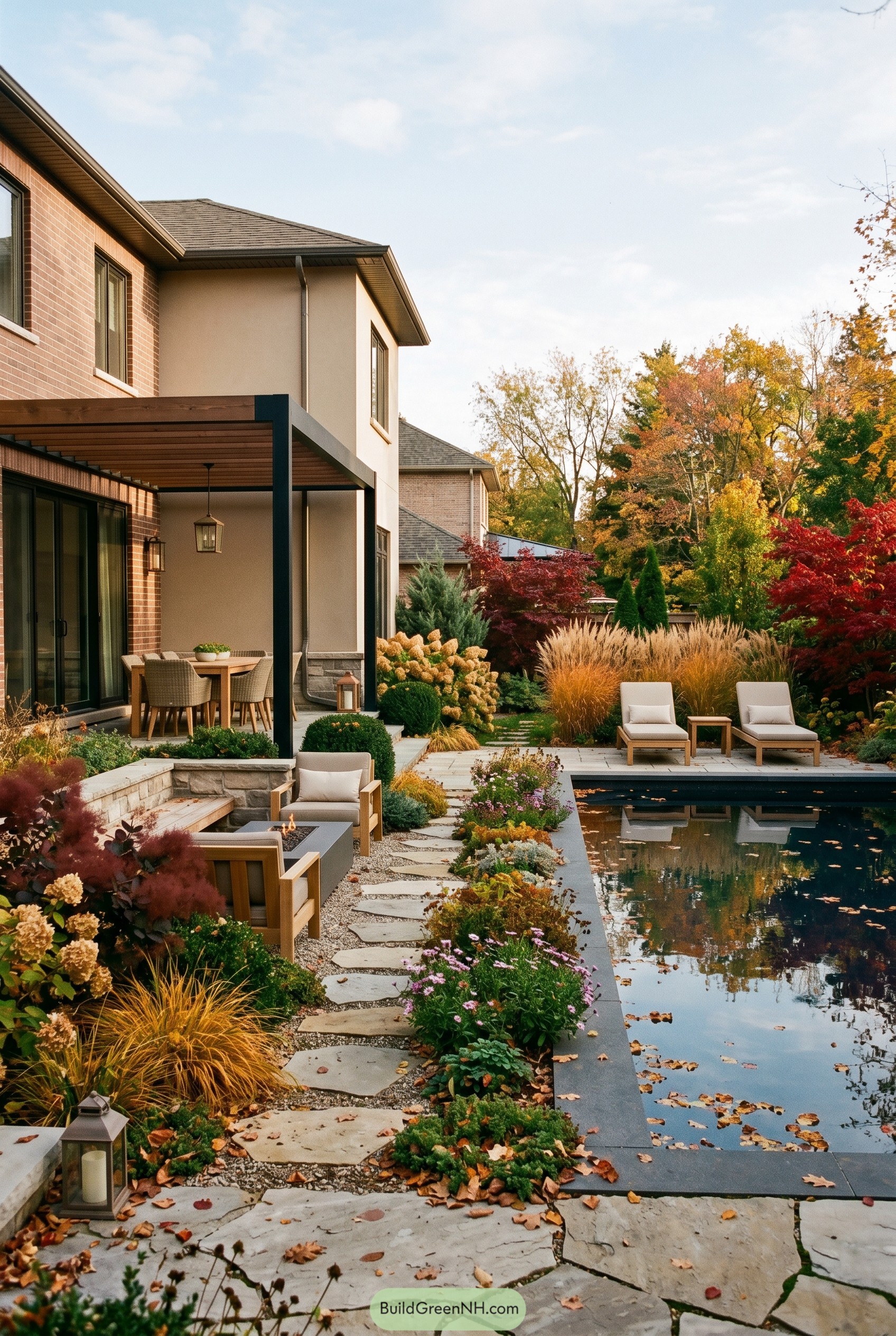 Modern backyard pool with autumn garden seating