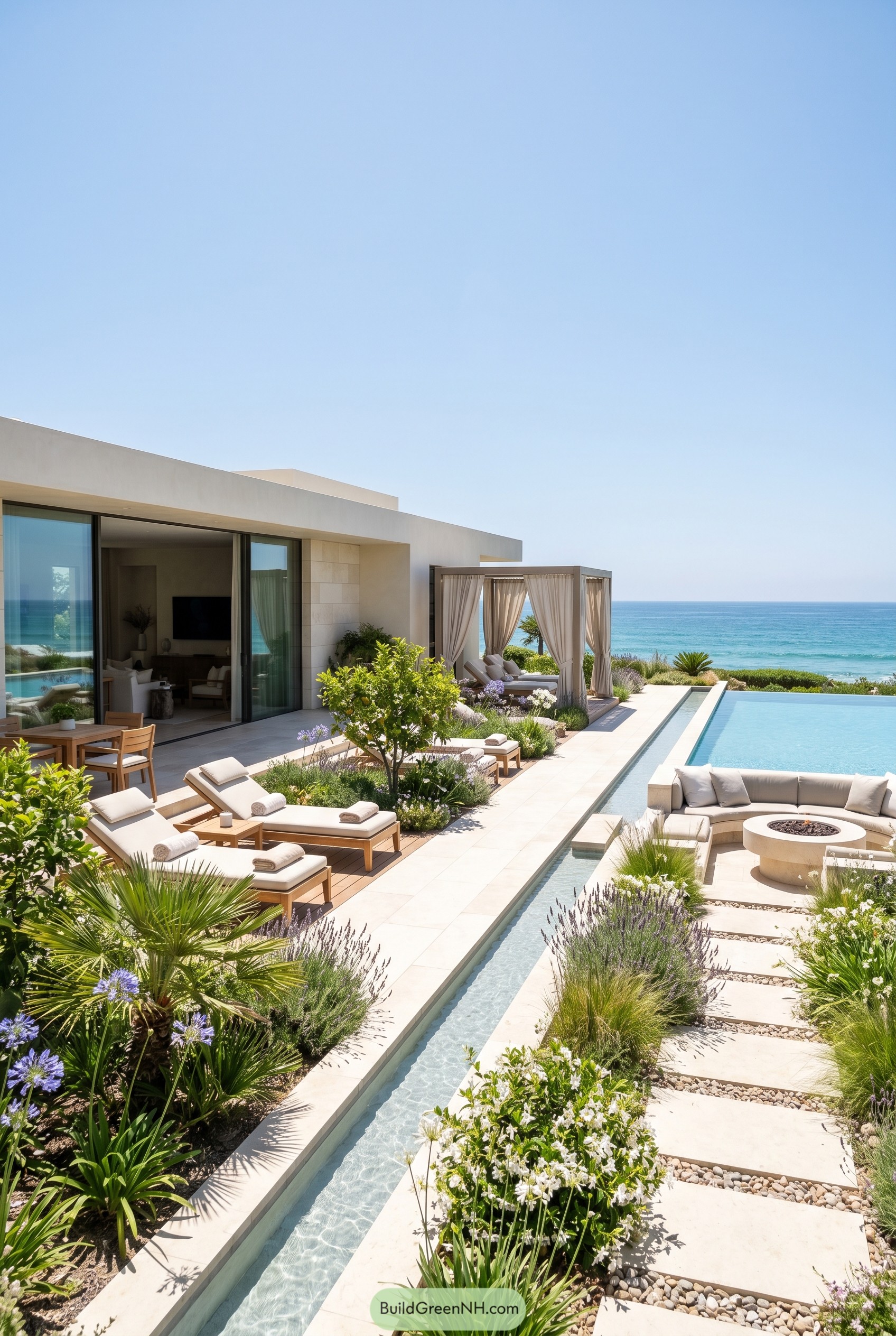 Oceanfront modern garden with rill pool and cabana