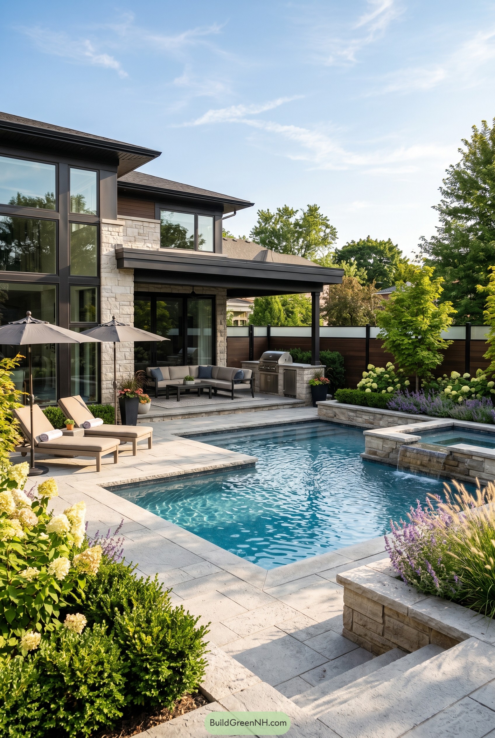 Modern backyard pool with raised spa and covered patio