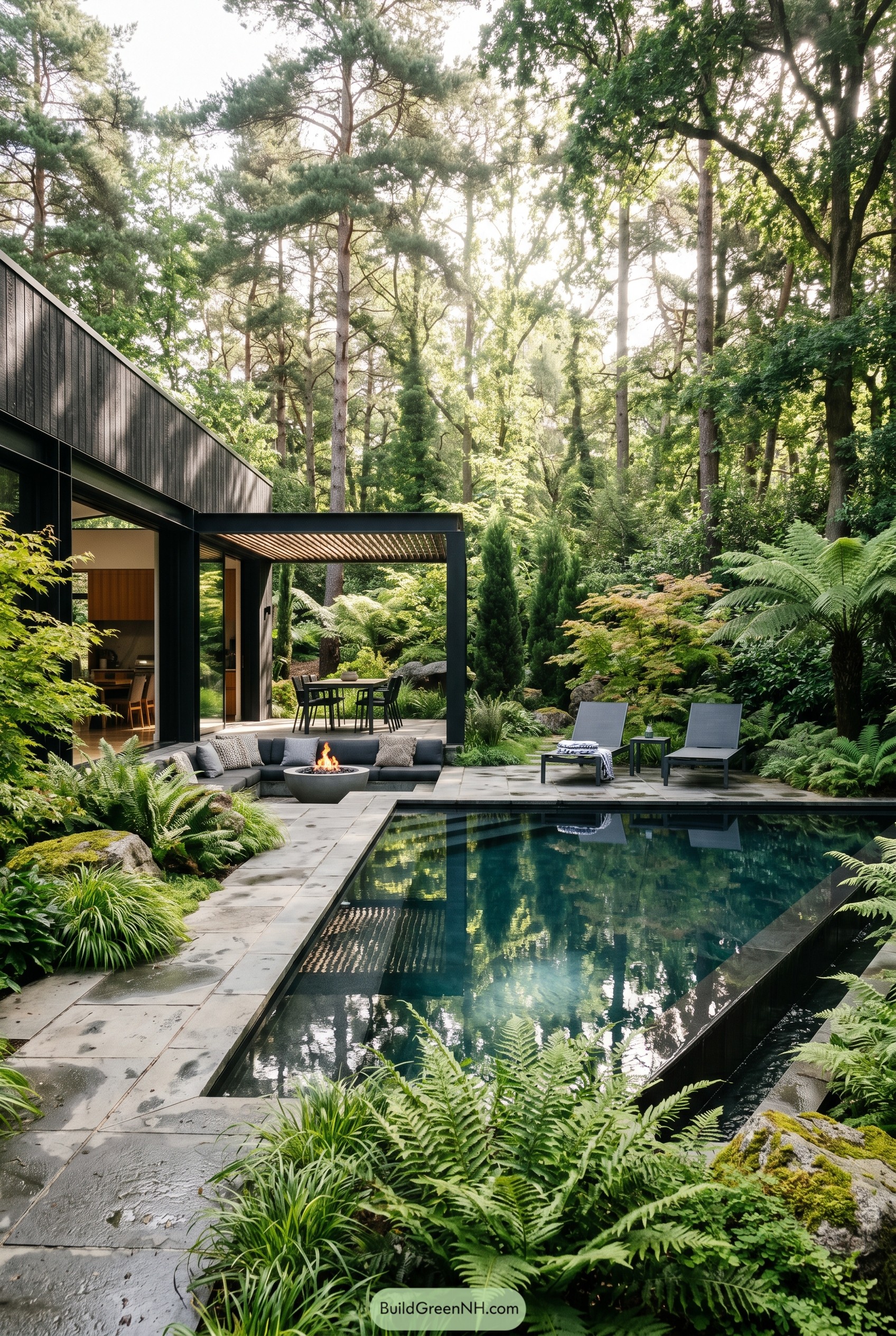 Modern forest garden with sleek pool and fire pit