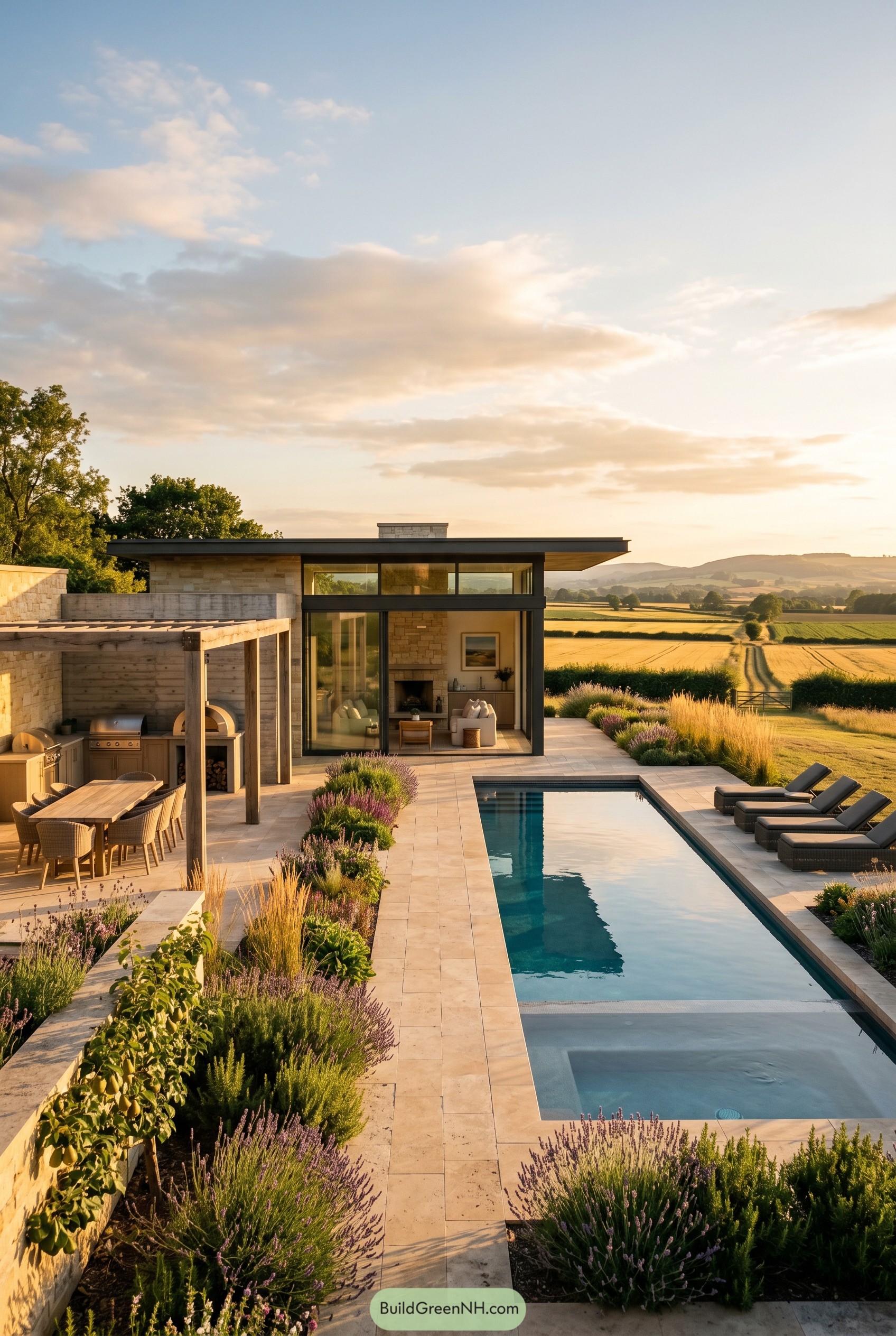 Modern pool terrace with lavender borders