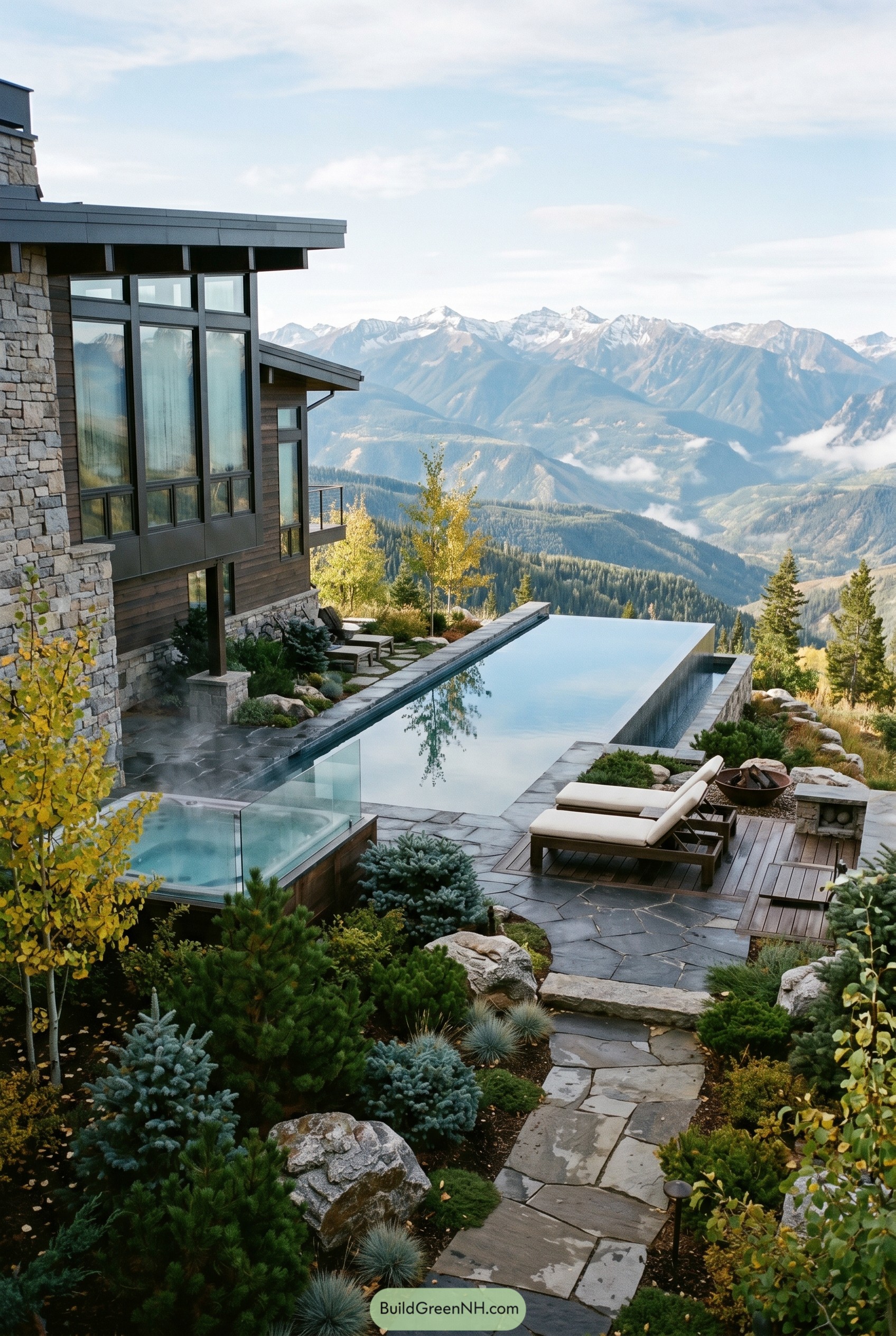 Mountain infinity pool with spa and stone terrace