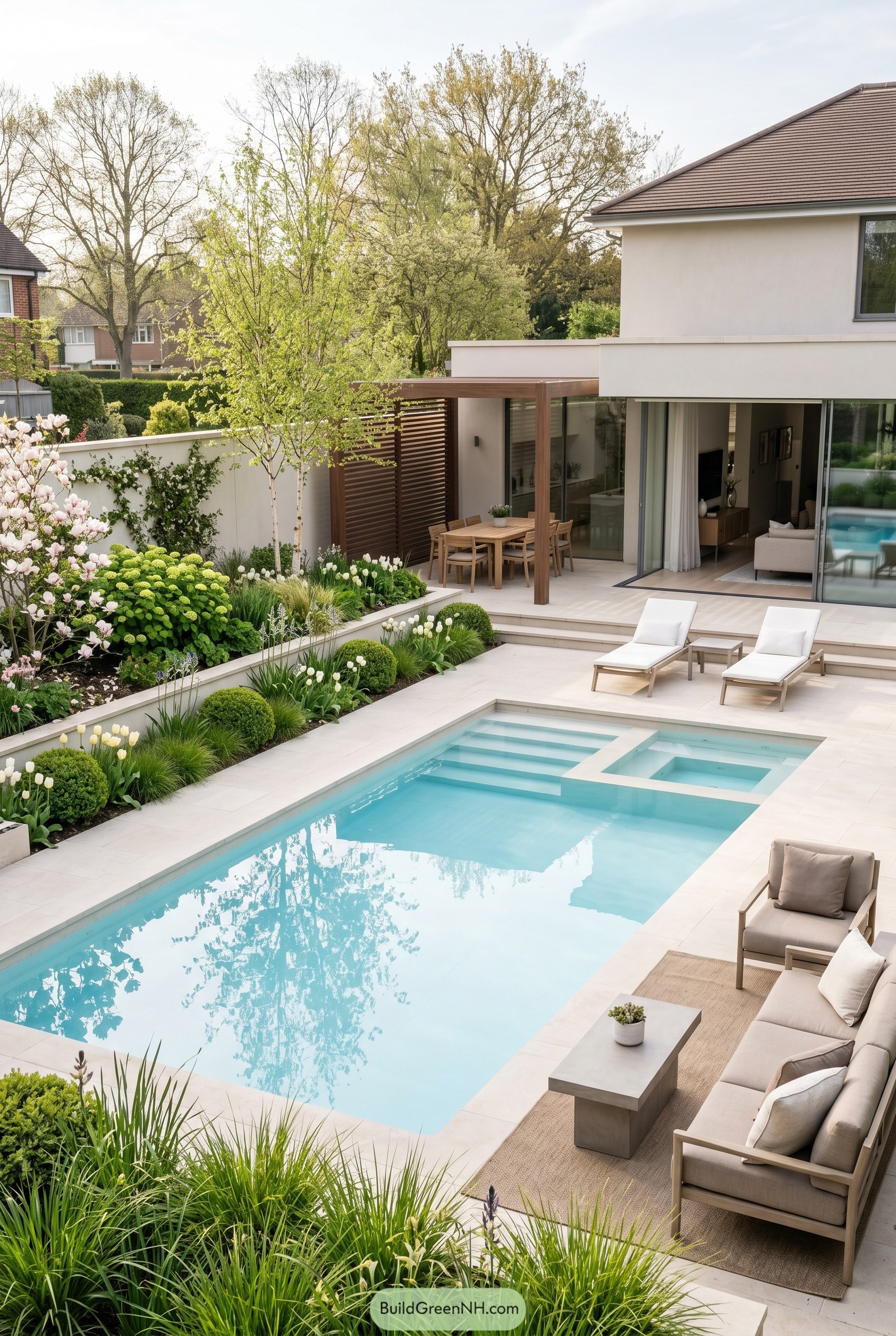 Modern garden pool with spa and pergola dining
