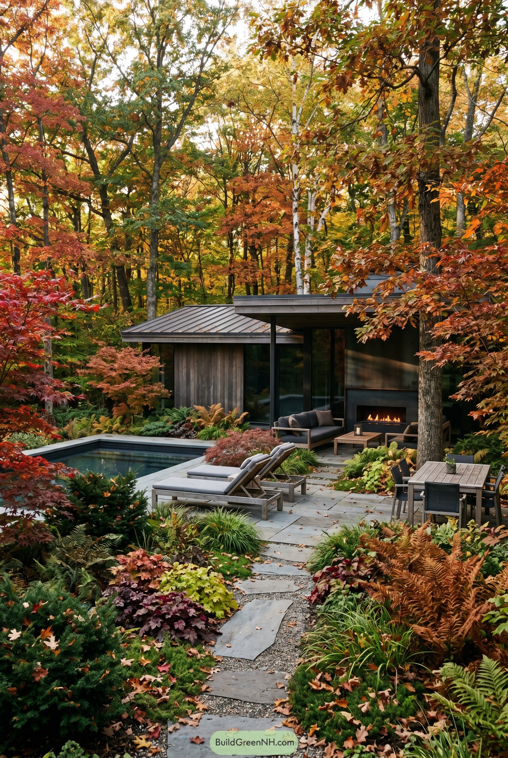Modern woodland patio with pool and fireplace