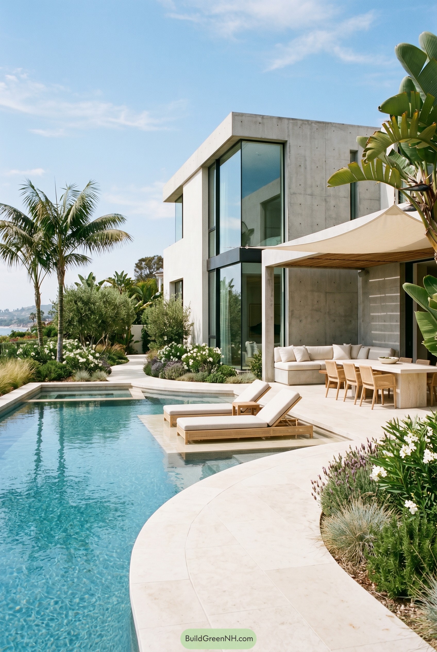 Curved pool beside modern tropical patio