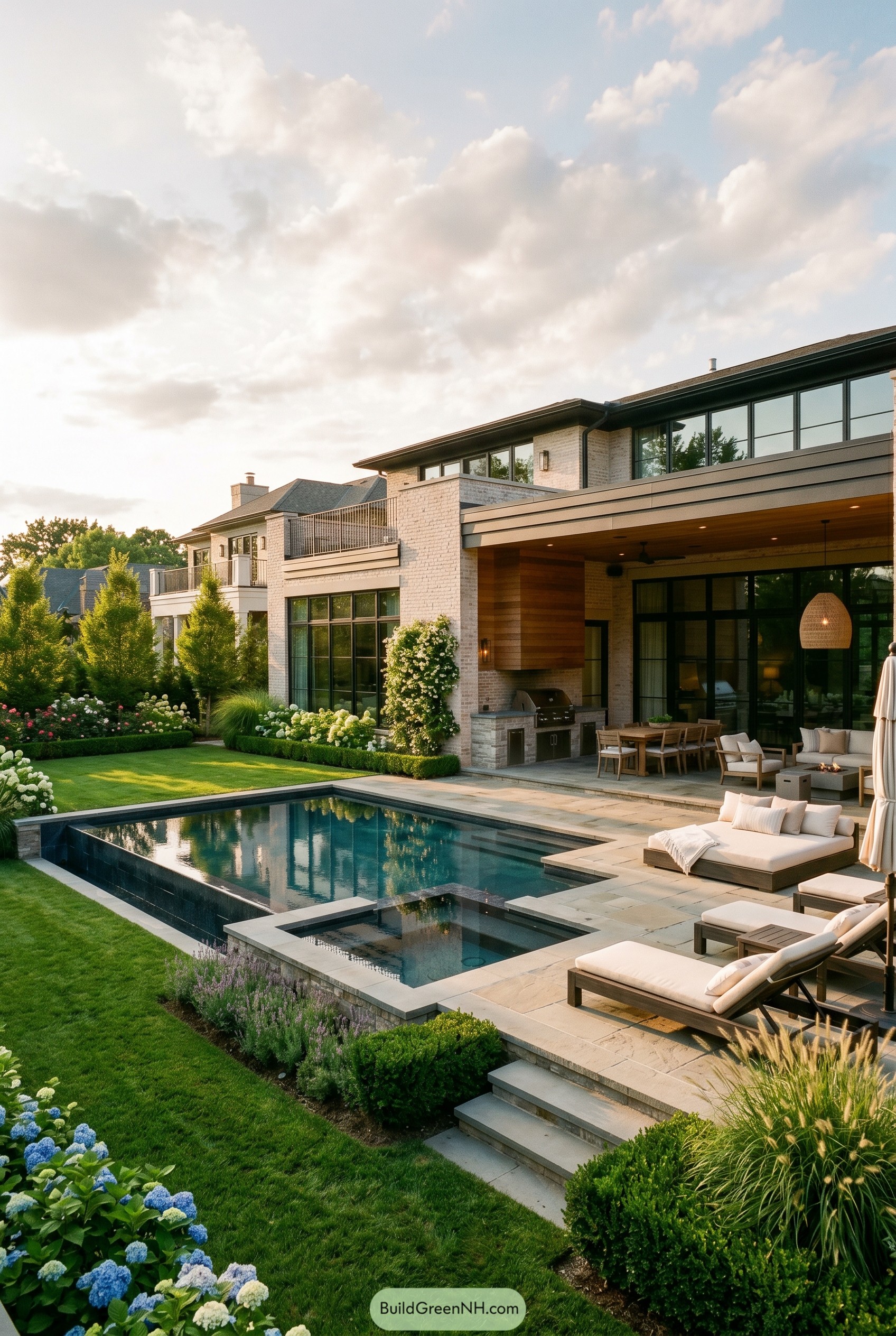 Modern brick estate with geometric pool and spa