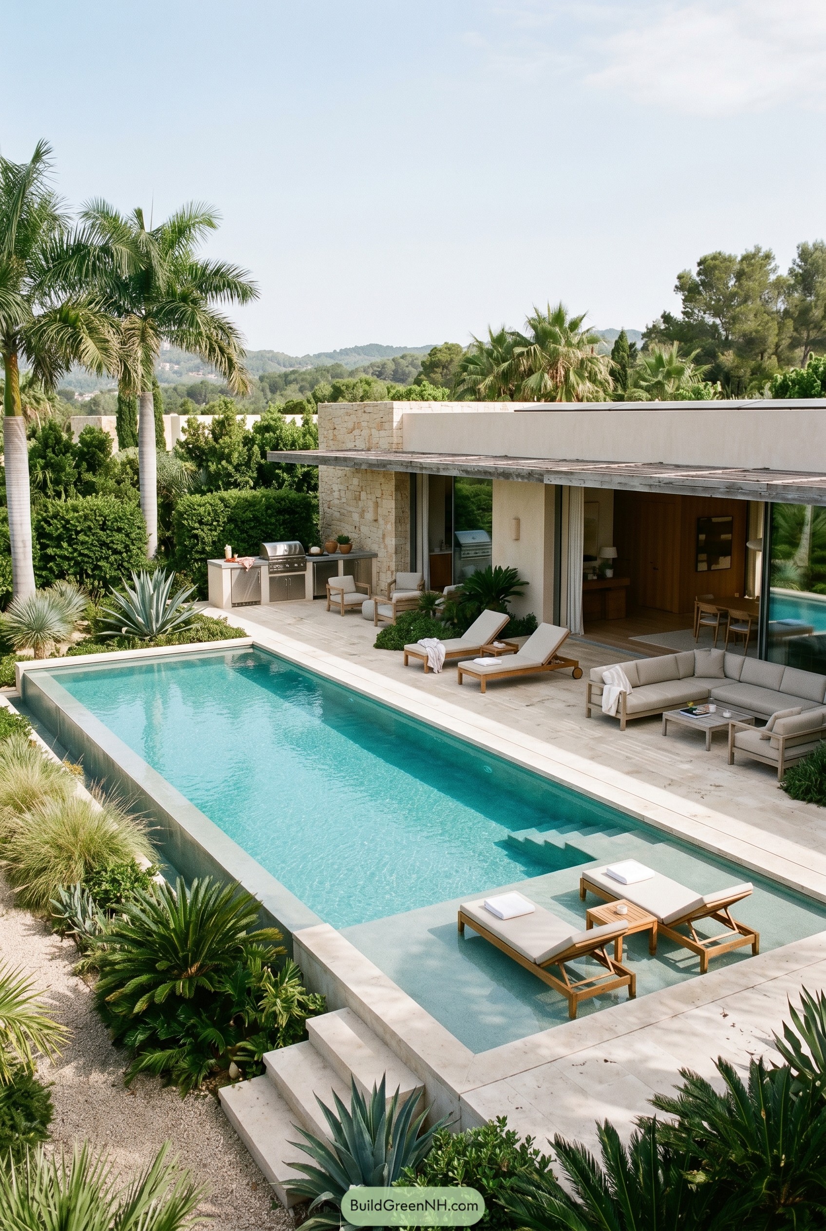 Modern luxury backyard pool with sun shelf and palms