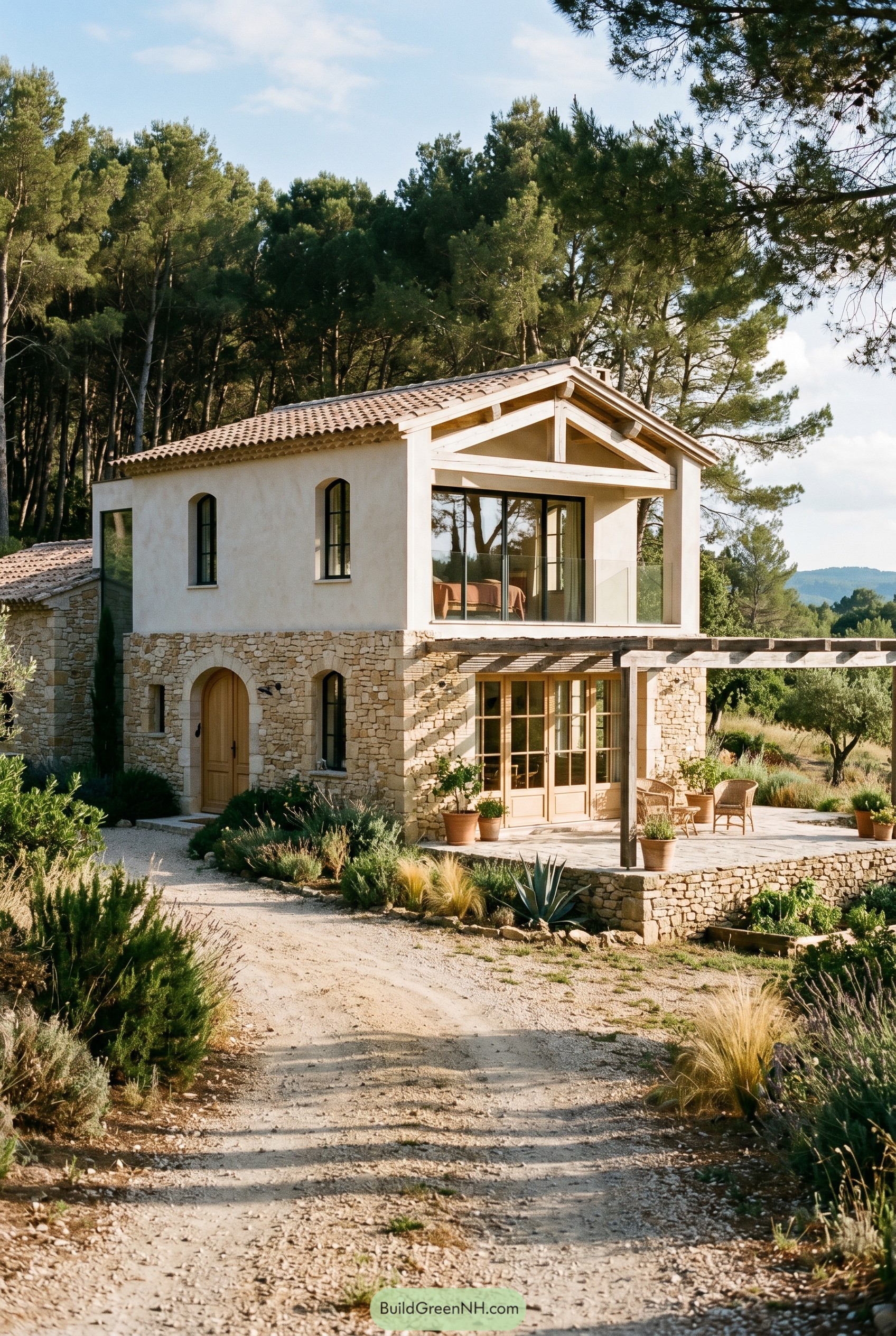 Modern French country house with stone facade and pergola terrace