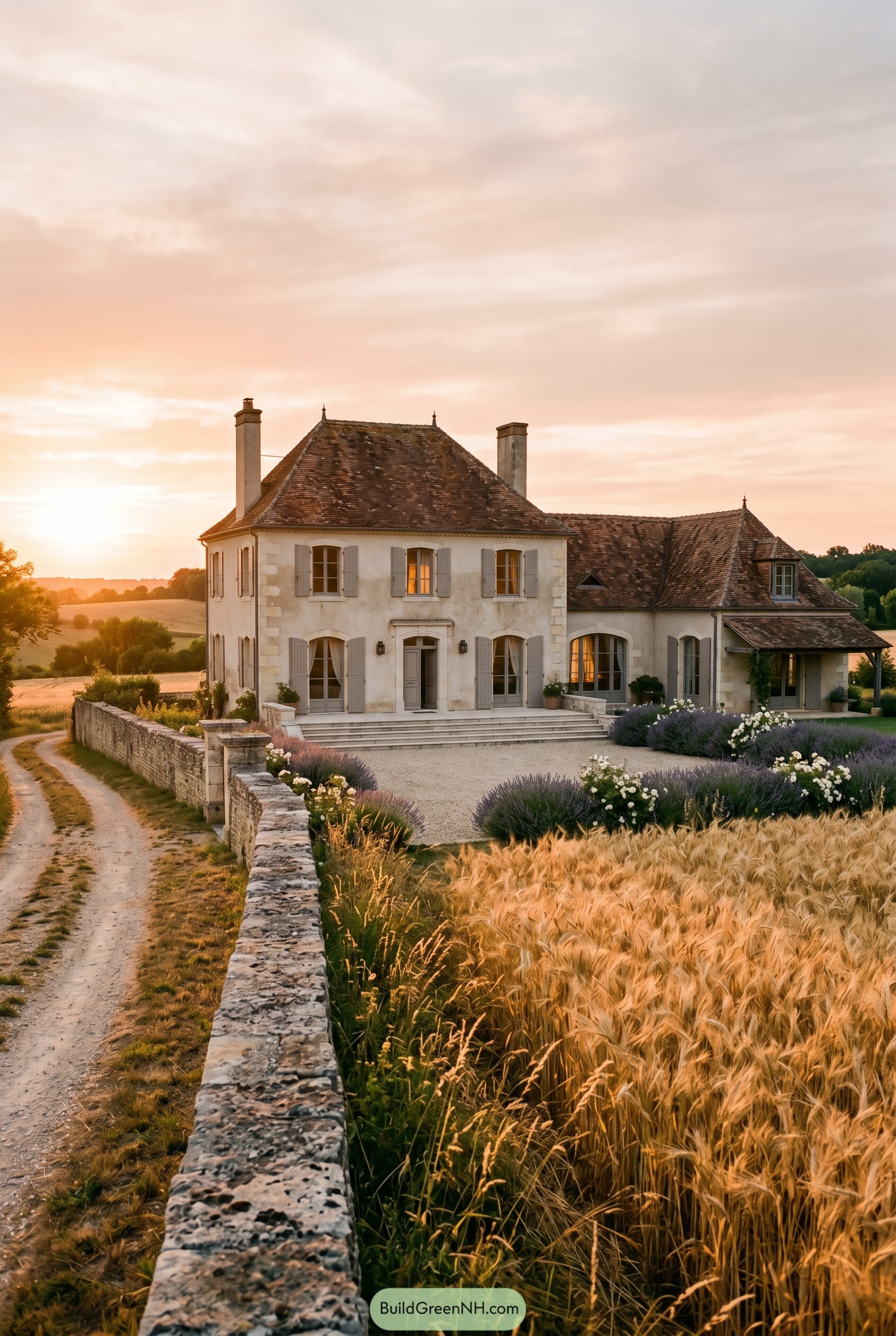 French country house by a wheat field