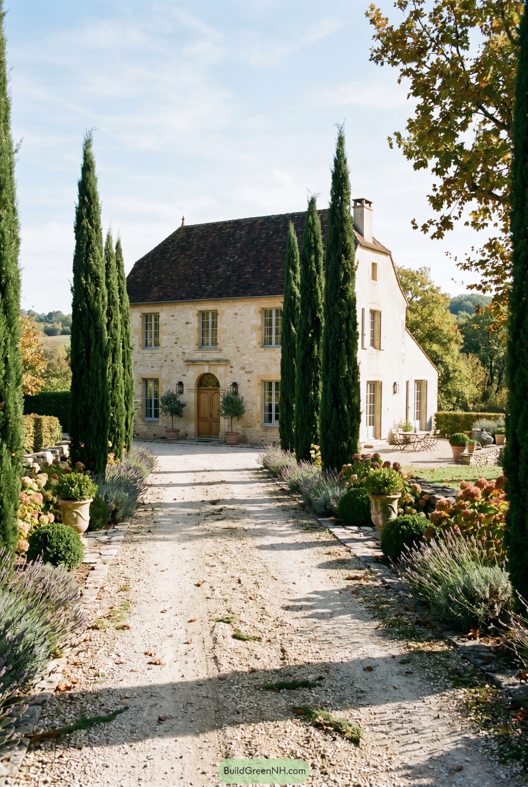 French country house with cypress lined drive