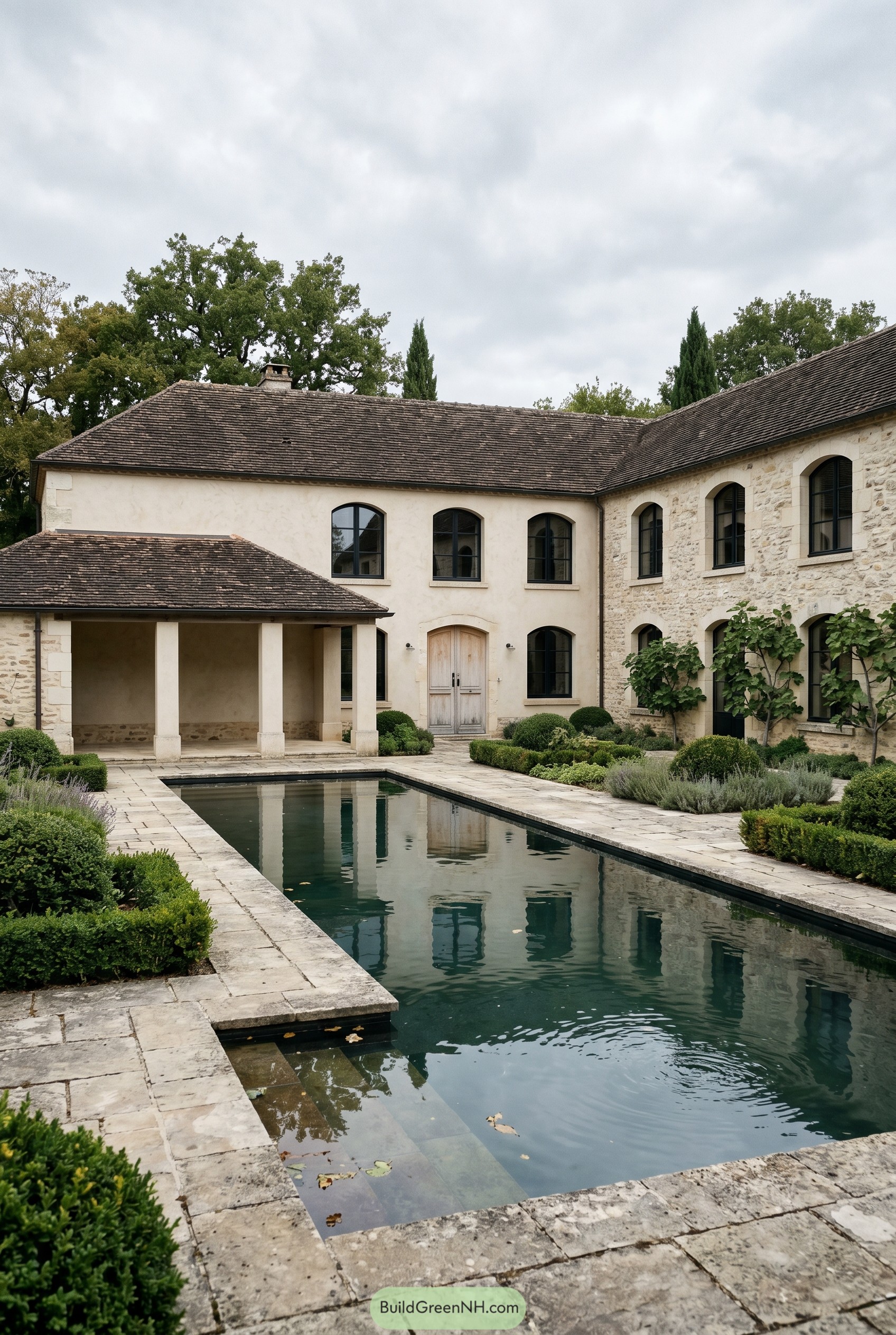 French country house with courtyard reflecting pool