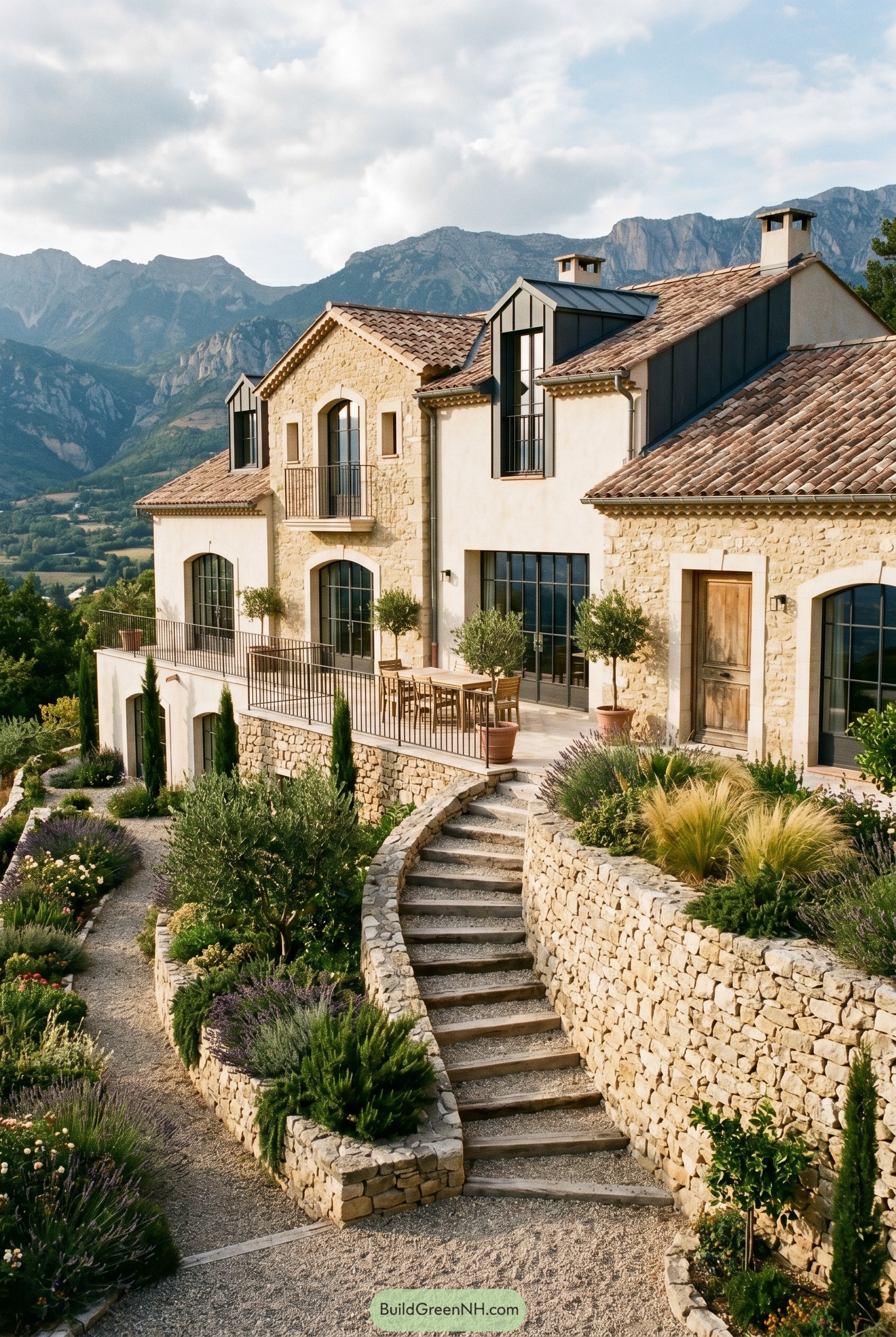 Modern French country house with terraced stone garden