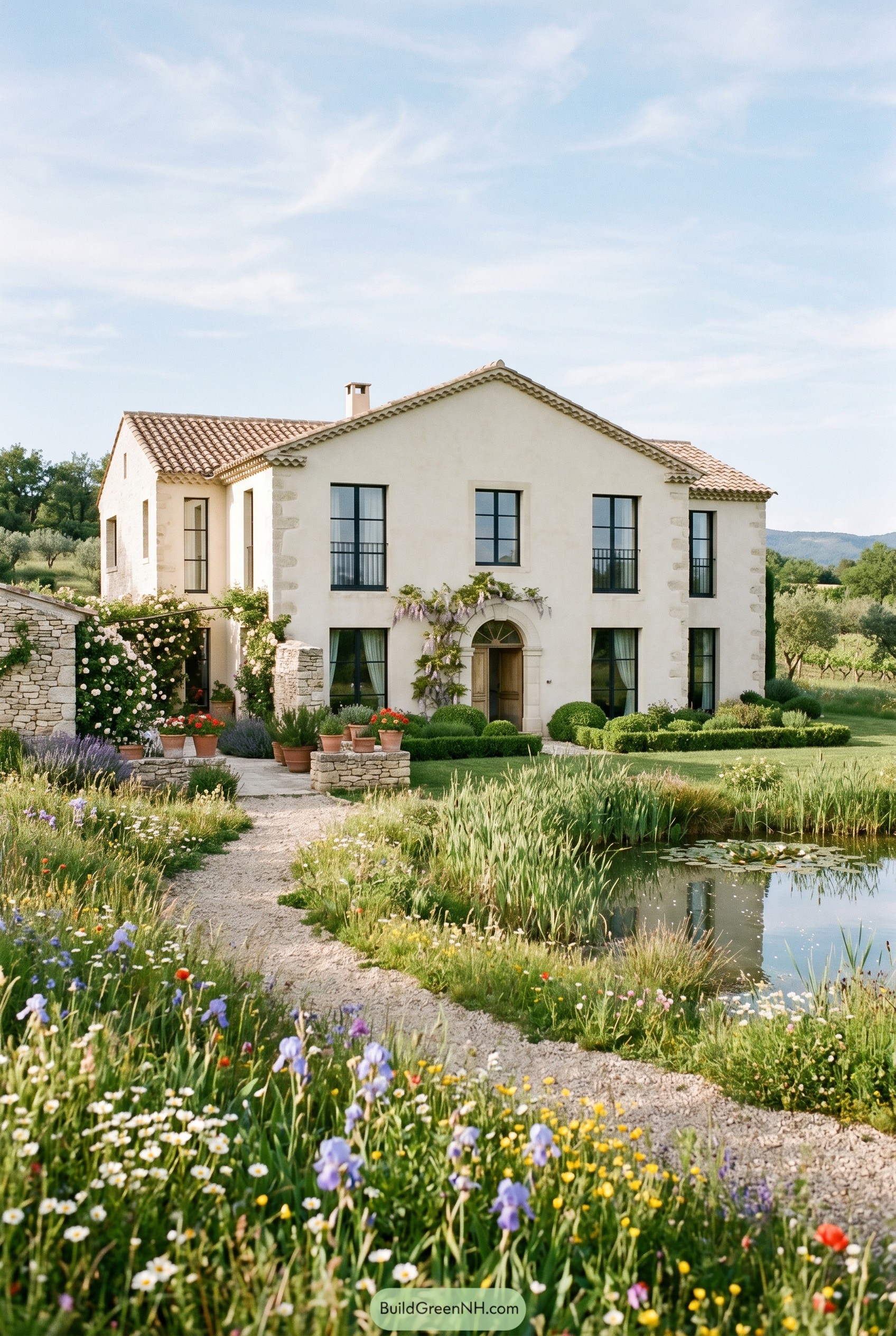 White French country house beside a garden pond