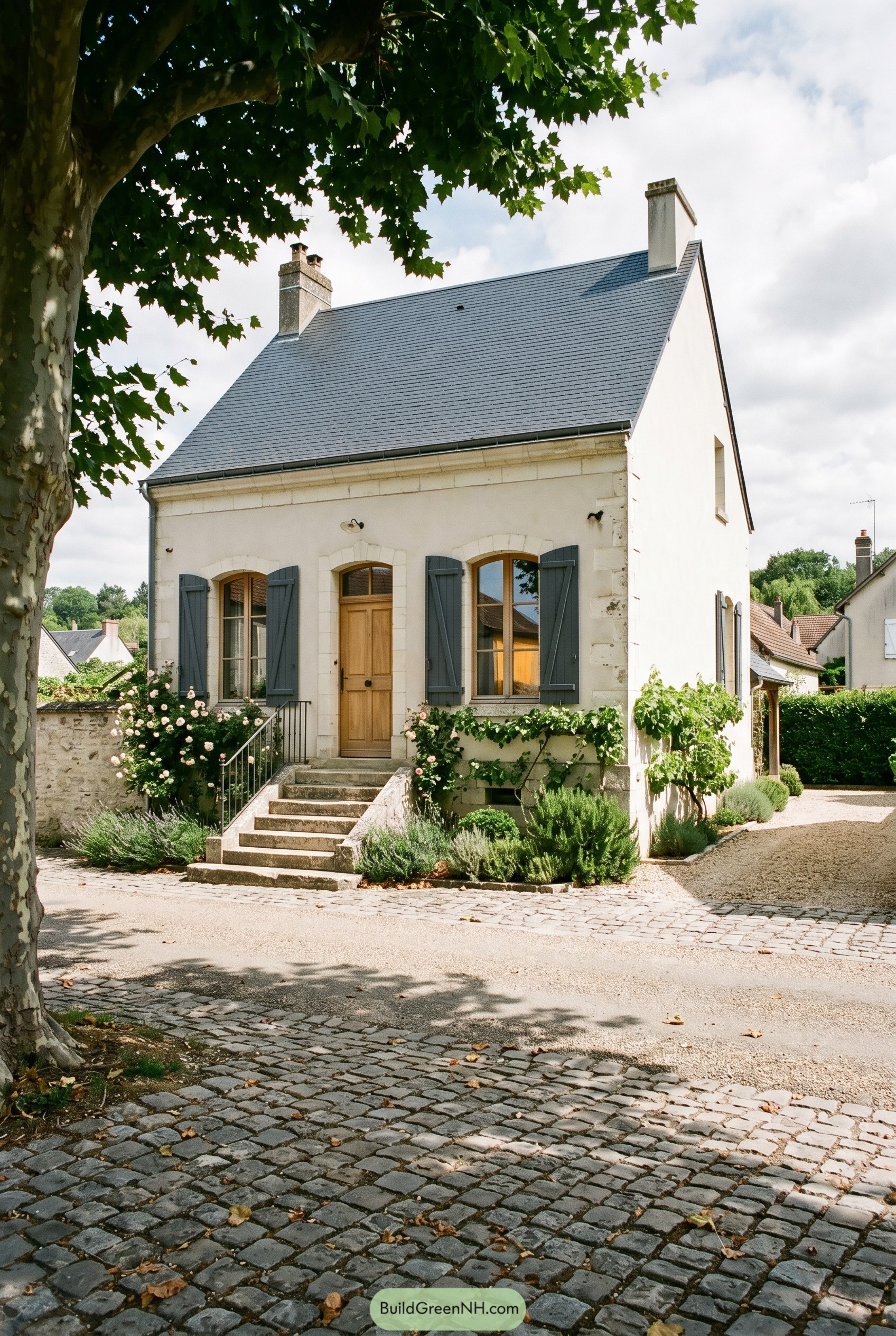 White French country home with slate roof and gray shutters
